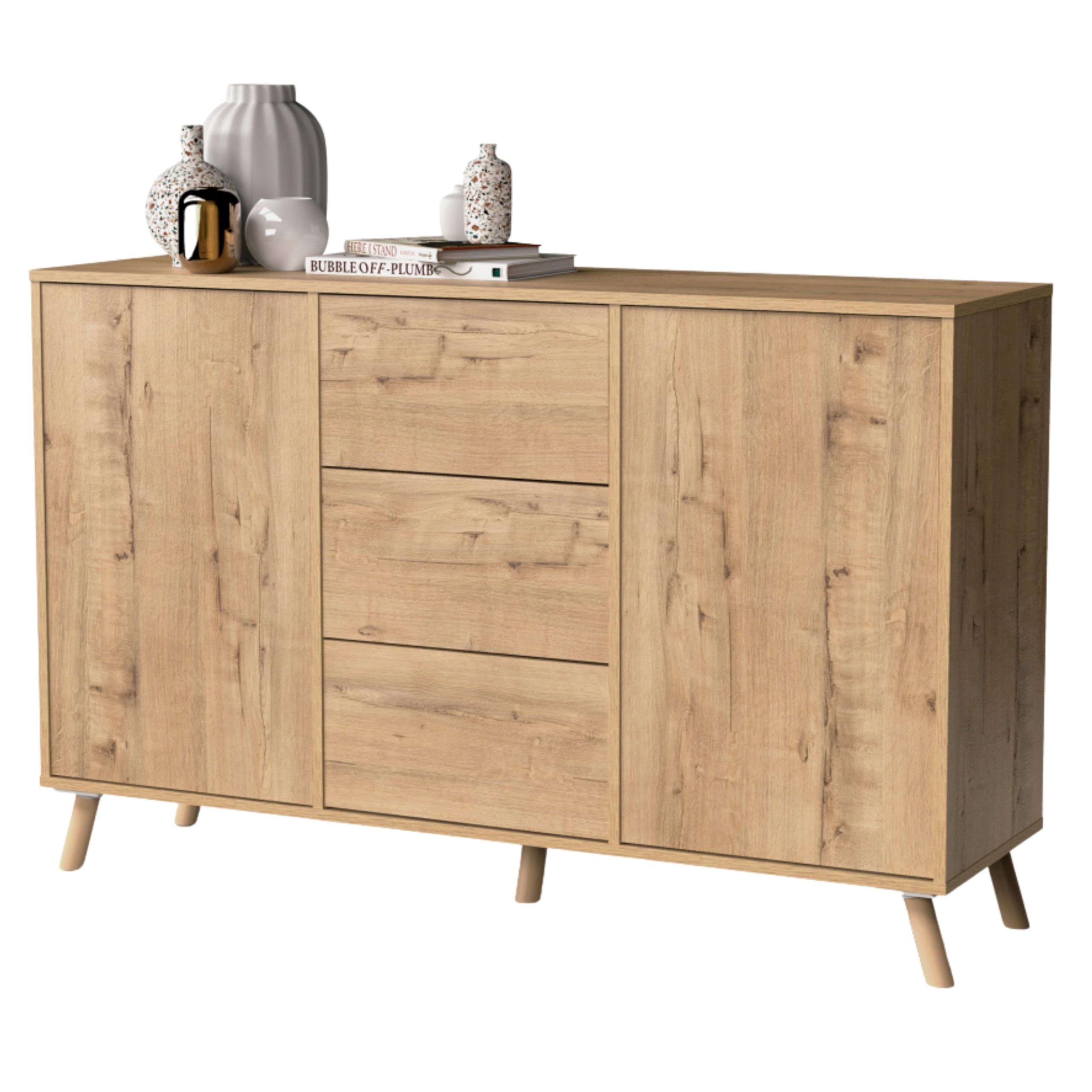 MUEBLES PITARCH | Aparador Salón Comedor, Buffet, Mueble Auxiliar, 2 Puertas y 3 Cajones, Roble Gold, 89x140x40cm, Despensa, Cocina, Despacho, Tirador Push o Pulsador, Moderno, Nórdico, Modelo Oslo