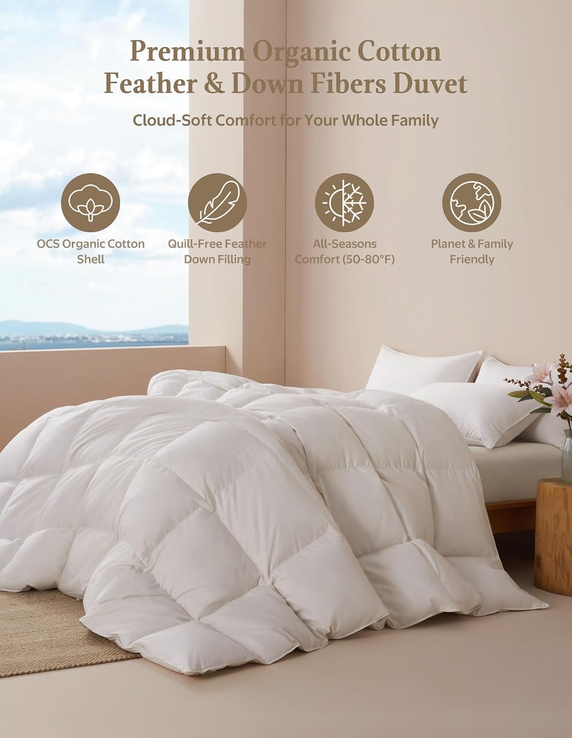 APSMILE Goose Feather Down Fibers Comforter Full Size, Organic Cotton Duvet Insert, All Season Warmth, Baffle Box, Quill-Free Soft Fluffy Hotel Bed Comforter (Ivory White, 82x86 Inch)