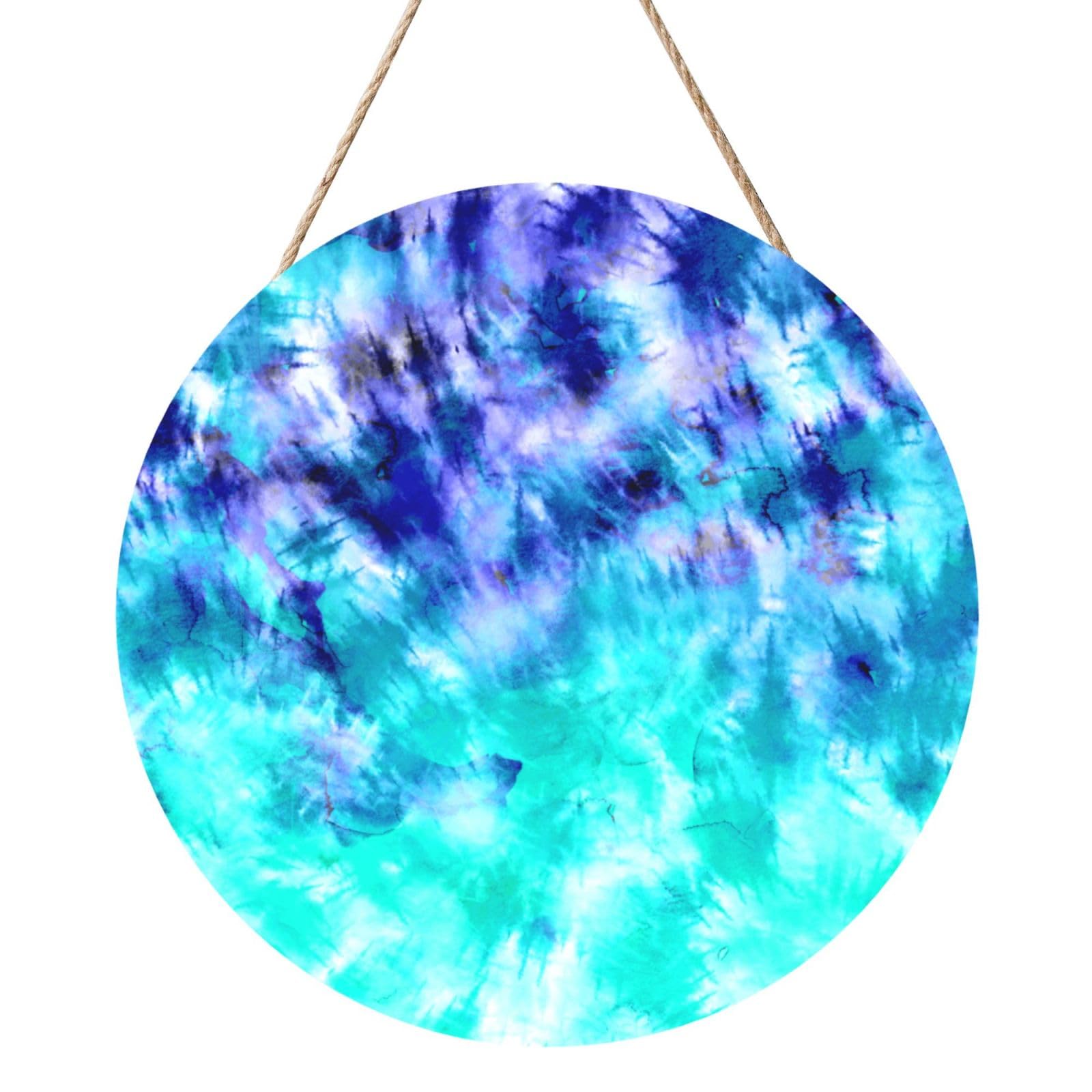 InOmak Watercolor Teal Blue Tie Dye, Round Wood Panel Painting 12 in, Wall Hanging Painting For Home