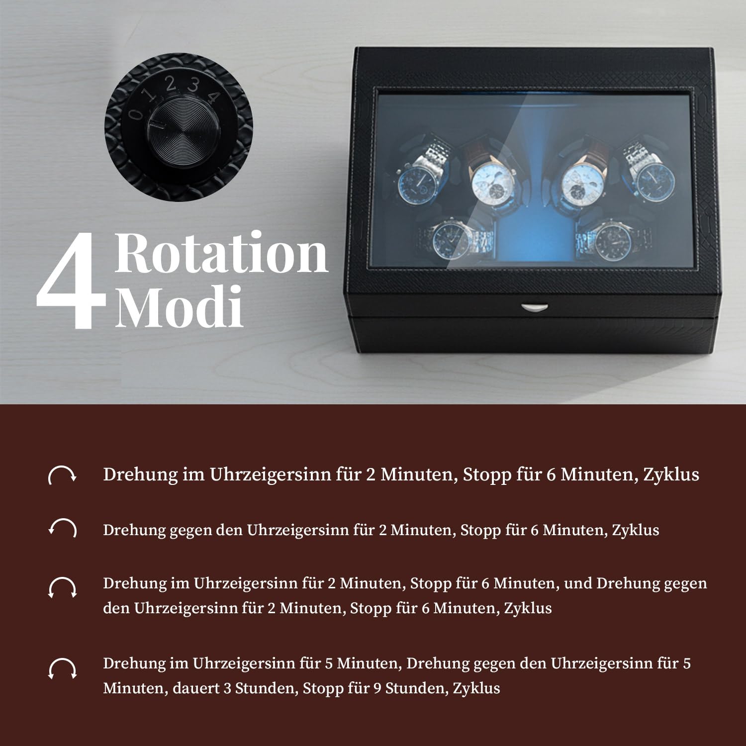 Mcbazel Automatische Uhrenbeweger 6 Uhren + 6 Gitter Aufbewahrung mit LED-Licht, Watch Winder Uhrenwinder Leiser Motor 4 Rotationsmodi, USB DC betrieben, Unabhängige Steuerung für Drehteller