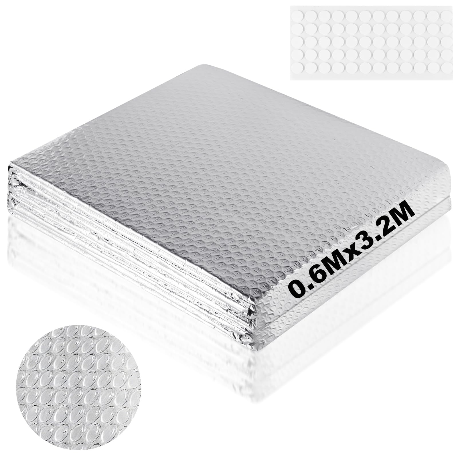 3,2 m x 60 cm Radiador Reflectante Lámina aislante de 3 mm de grosor lámina aislante de doble cara de aluminio con almohadillas adhesivas para vehículos, techos, ventanas, tubos, etc