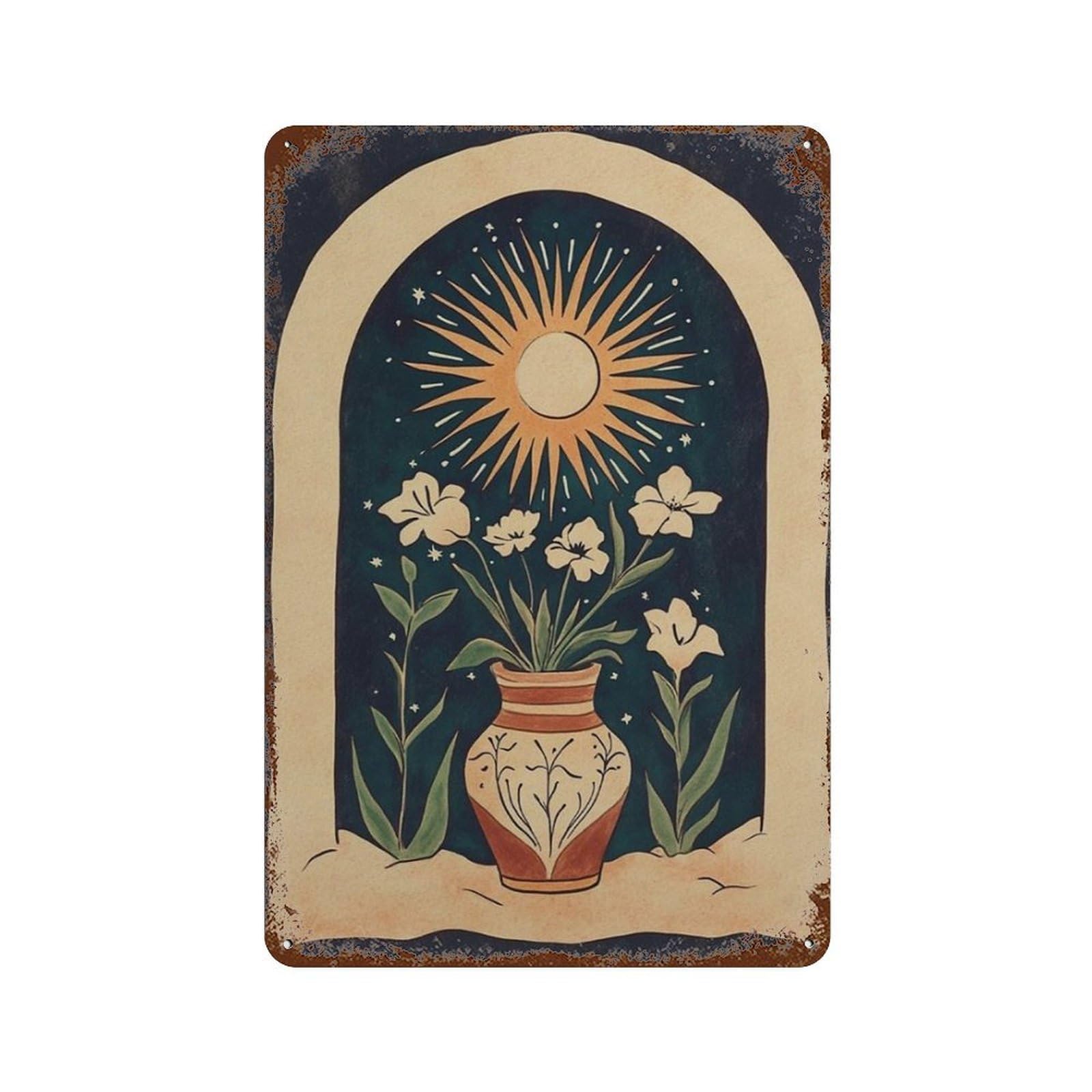 xiaoxiaoshen Sun And Floral Celestial Botanical Night Sky Minimal Folk Wall Decor Art Metal Tin Poster Modern Home Decor Art Home Bar Shop Decorations Vintage Sign 30x20cm
