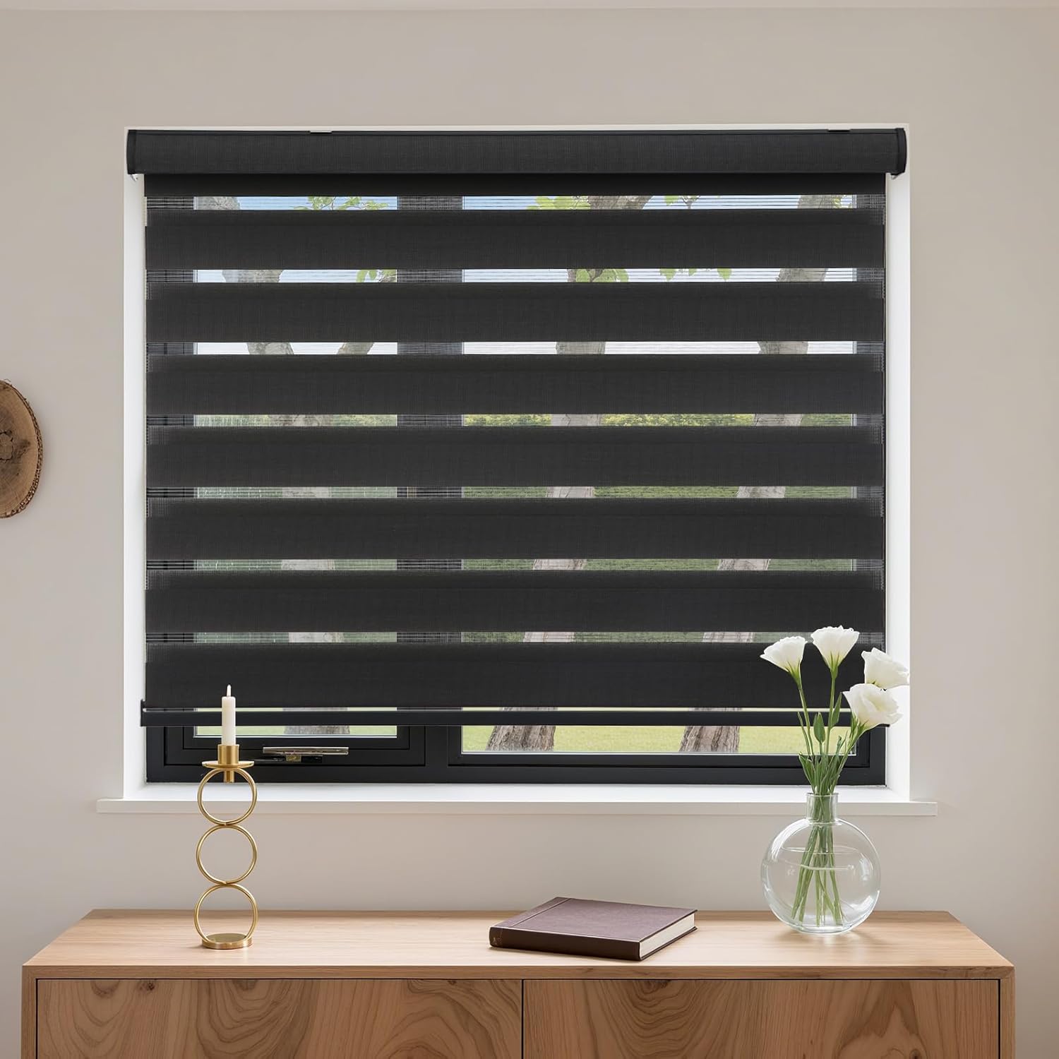 MYshade Cordless Zebra Blinds with Free-Stop Function - Dual Layer Light Filtering & Privacy Sheer Shades for Day and Night - Easy Install Window Shades for Home, Living Room, 34.5" W*72" H,Black