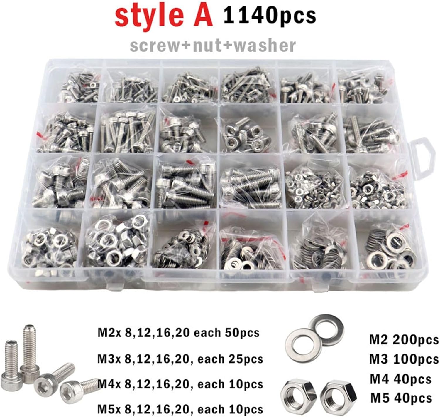 M1.6 M2 M3 M4 M5 304 Stainless Steel Allen Hexagon Hex Socket Cap Button Flat Head Screw Bolt Nut Set Assortment Kit for Road Bicycle, Mountain Bike, Auto Etc(M2-M5-1140pcs)