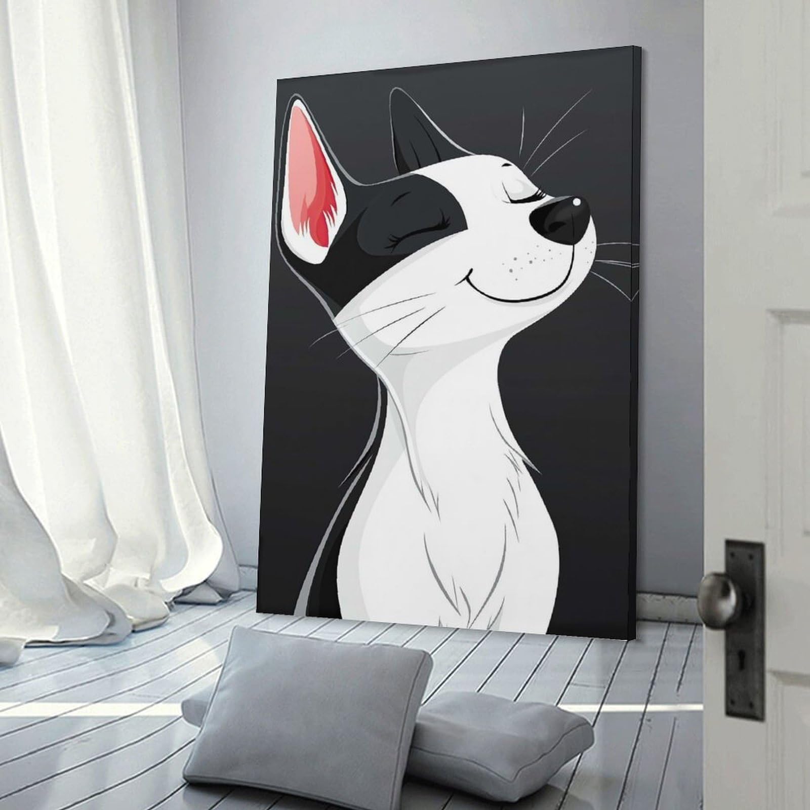 Junmoney Smiling Black And White Cat Wall Art Print 24x36inch(60x90cm), for Hallway, Entryway Or Landing, Wall Decor to Refresh Empty Corners, for Cosy Room Updates