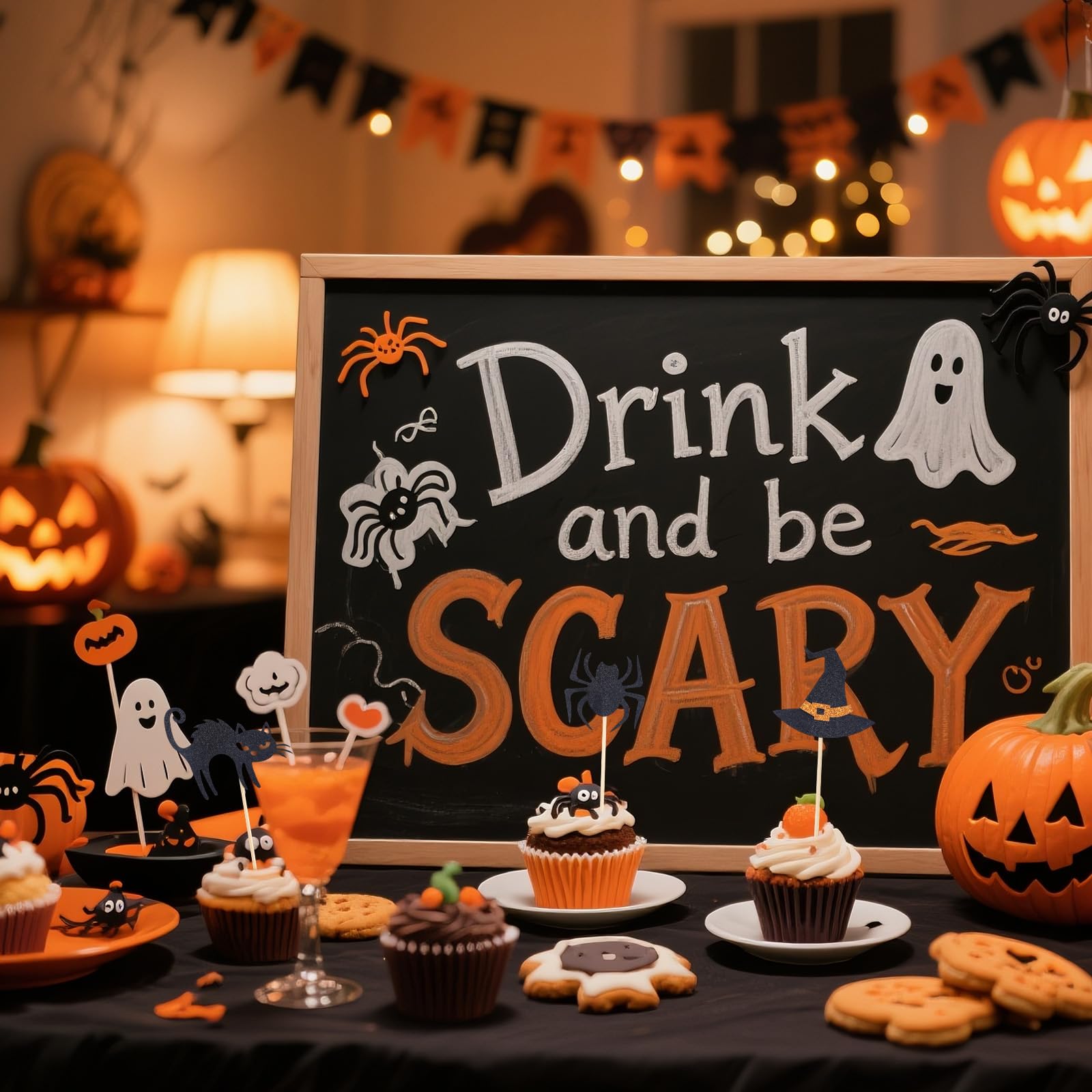 24 Toppers Cupcake Halloween - Décorations Pailletées Araignée, Chauve-souris, Citrouille, Chat, Fantôme, Sorcière