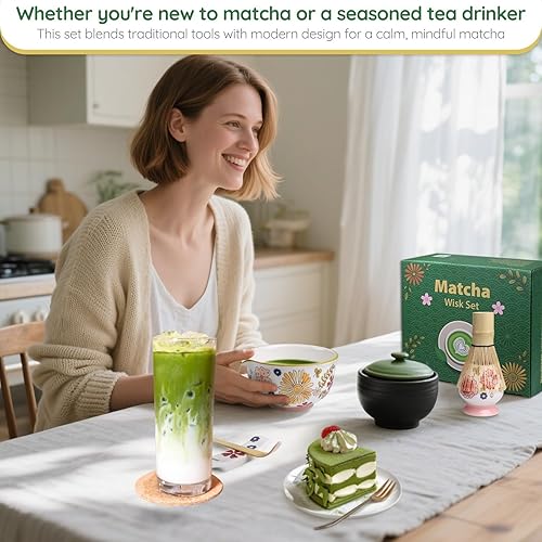 Miniatura 5 de Juego de ceremonia de matcha floral pintado a mano, 6 batidor y tazón de matcha, soporte para batidor de matcha, cuchara y reposo, coladores, kit de