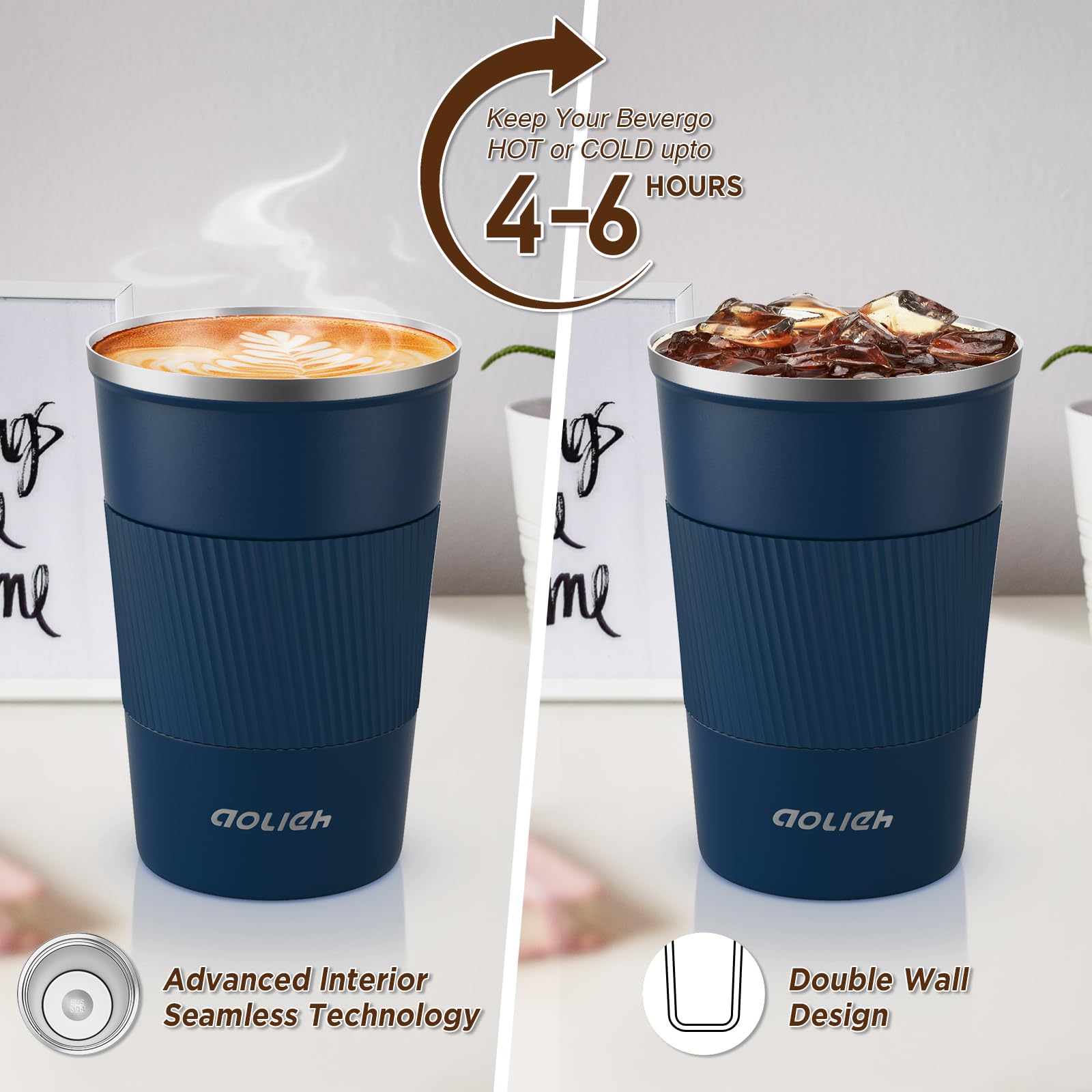 Aolieh Travel Mug 380 ml, Insulated Coffee Cup with Lid, Reusable Stainless Steel Thermal Cup for Coffee Tea & Cold Drinks - Image 4