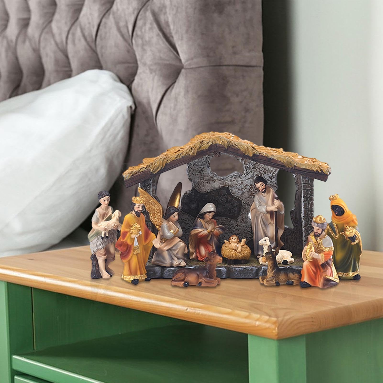 Christmas Nativity Set with Figures - Holy Family Miniatures Statue, Set of 12 Resin Tabletop Decor for Home Living Room Church