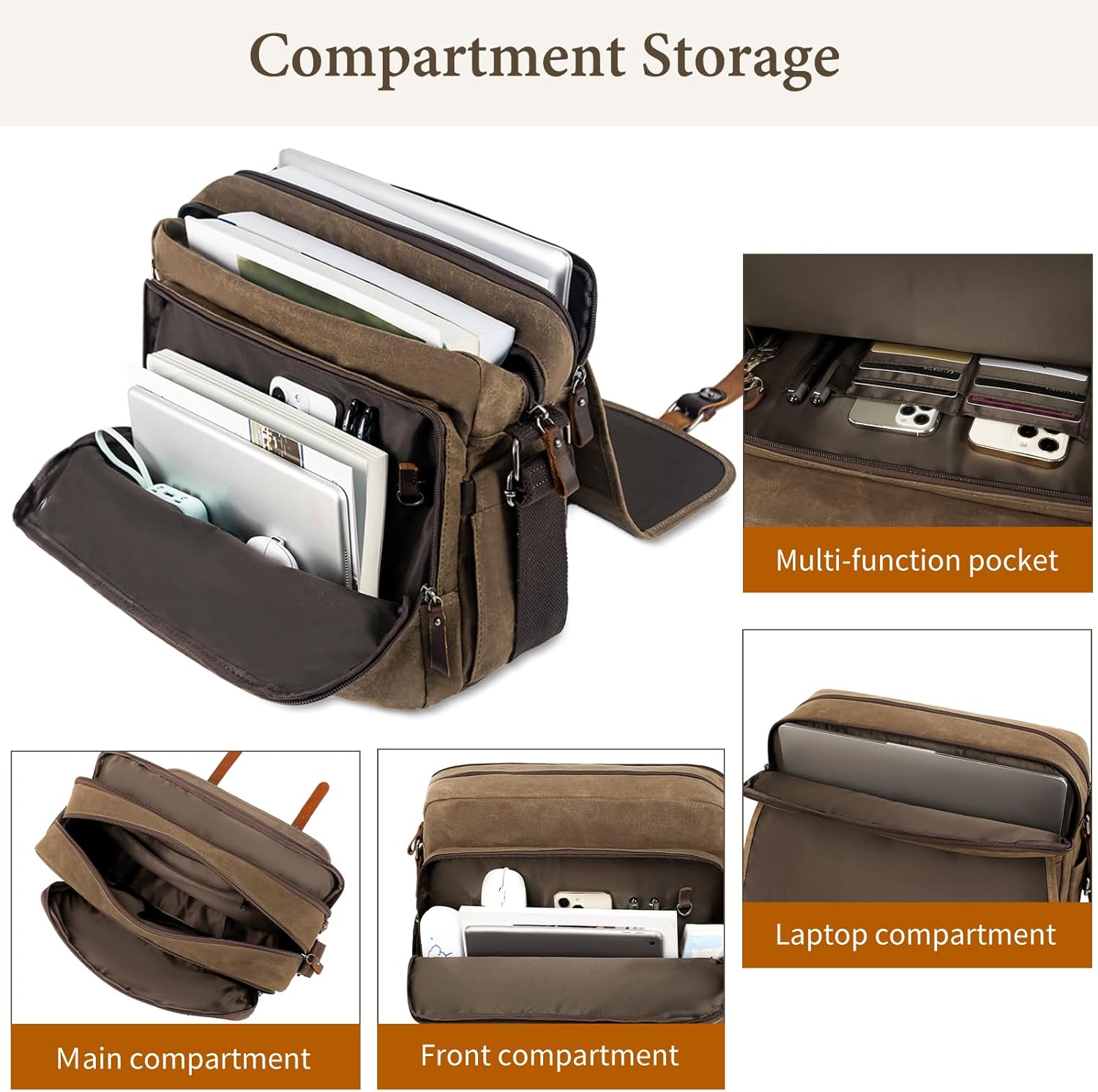 Wogarl 15.6" Messenger Bag for Men: Leather Waxed Canvas Briefcase Large Computer Laptop Bag Handbags Crossbody Bags for Work - Image 7