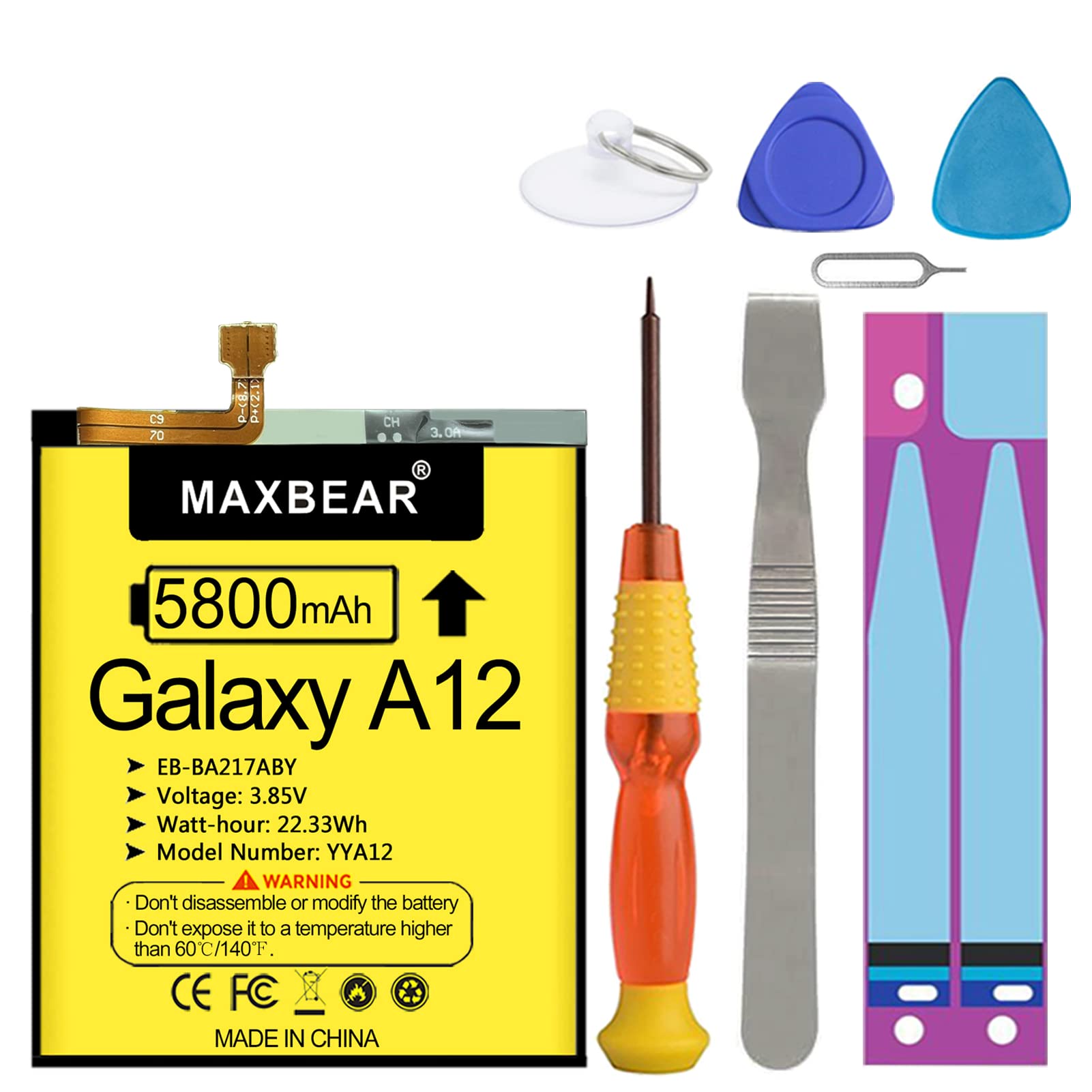 MAXBEAR Galaxy A12 Battery, (Upgraded) 5800mAh 3.85V Li-Polymer Replacement Battery EB-BA217ABY for Samsung Galaxy A12 SM-A125U SM-A125F SM-A125M with Repair Tool Kit