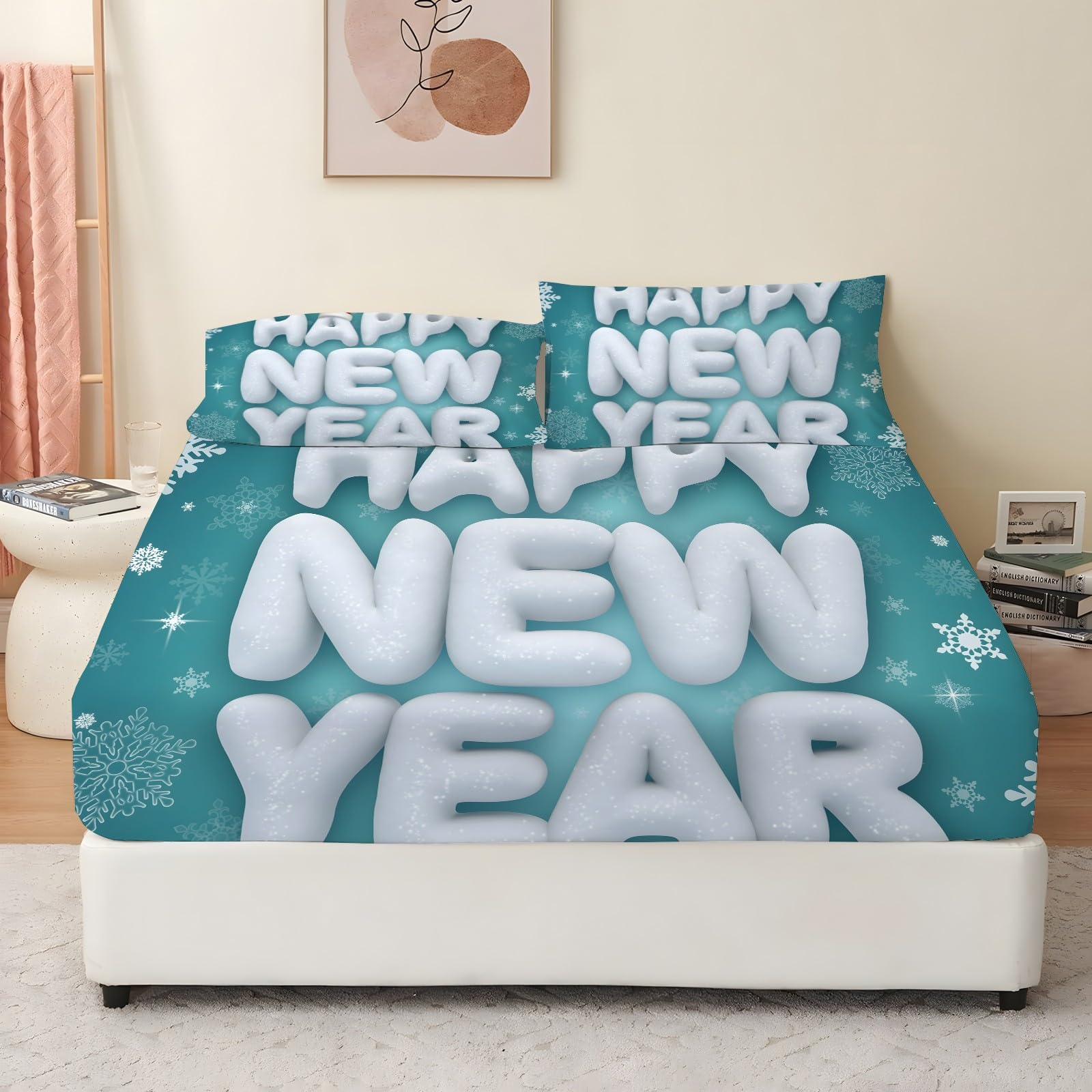 Sabana Bajera 135x190 FelizAñoNuevo Sabanas Bajeras Estampadas Copodenieve Sábana Bajera Ajustable Suaves, Elastico Funda Colchon con 2 Funda Almohada 50x80 cm, para Colchón de 30cm de Altura