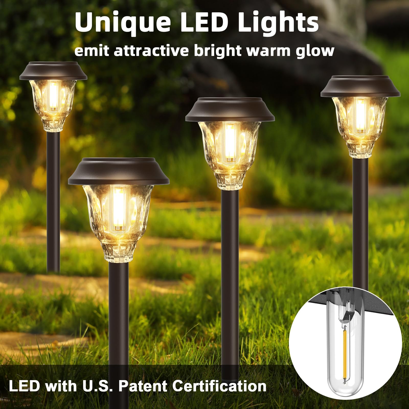 Solarleuchten für den Außenbereich, wasserdicht, Glas Metall Solar Pathway Lights, 6 Pack Outdoor Solarleuchten für Garten Hof Auffahrt, Braun