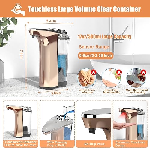 Miniatura 2 de Dispensador automático de jabón, 17 onzas líquidas sin contacto con sensor infrarrojo mejorado, 5 niveles de dispensación de jabón ajustables,