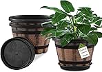 Quarut 3 Pack 10 inch Plant Pots,Whiskey Barrel Planters with Drainage Holes & Saucer, Plastic Decoration Flower Pots Imitation Wine Barrel Design, for Indoor & Outdoor Garden Home Plants (Brown)