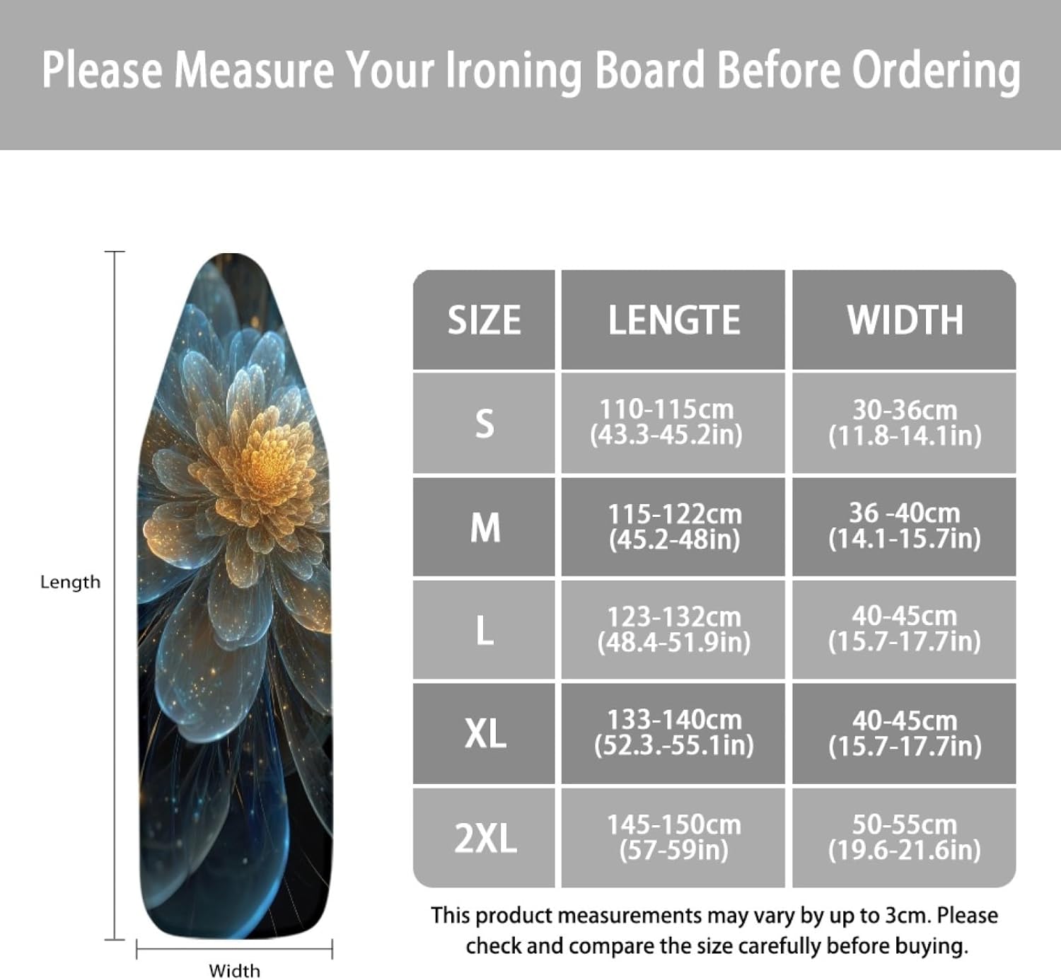 Iron Board Cover with Padding Standard Size Flower Gold Blue Padded Ironing Board Covers 15x54 Heat Reflective Extra Thick Wide Non Stick Scorch and Stain Resistant Heatproof