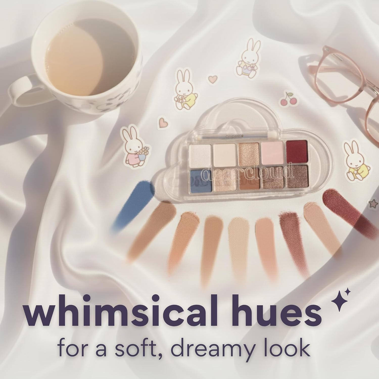 dearcloud Miffy Sky/Shadow - Eye Shadow Palette Makeup with 10 Ultra-Fine Pigments & Dual-Ended Eyeshadow Brush (Artist Bun)