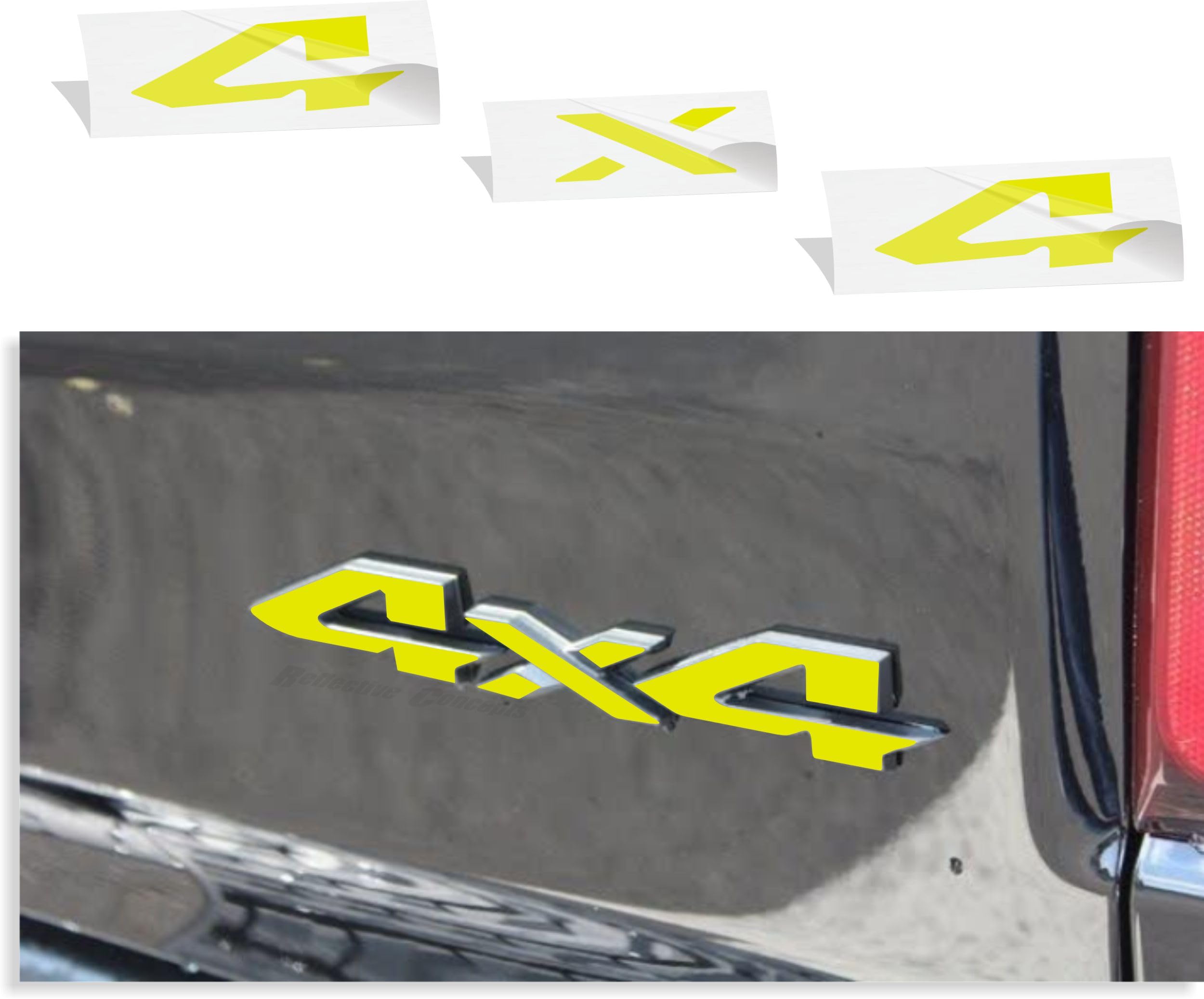 Reflective Concepts 4x4 Emblem Overlay Decal Sticker -Fits: 2019-2025 Ram, NOT for Classic - (Color: Reflective Lemon Yellow)