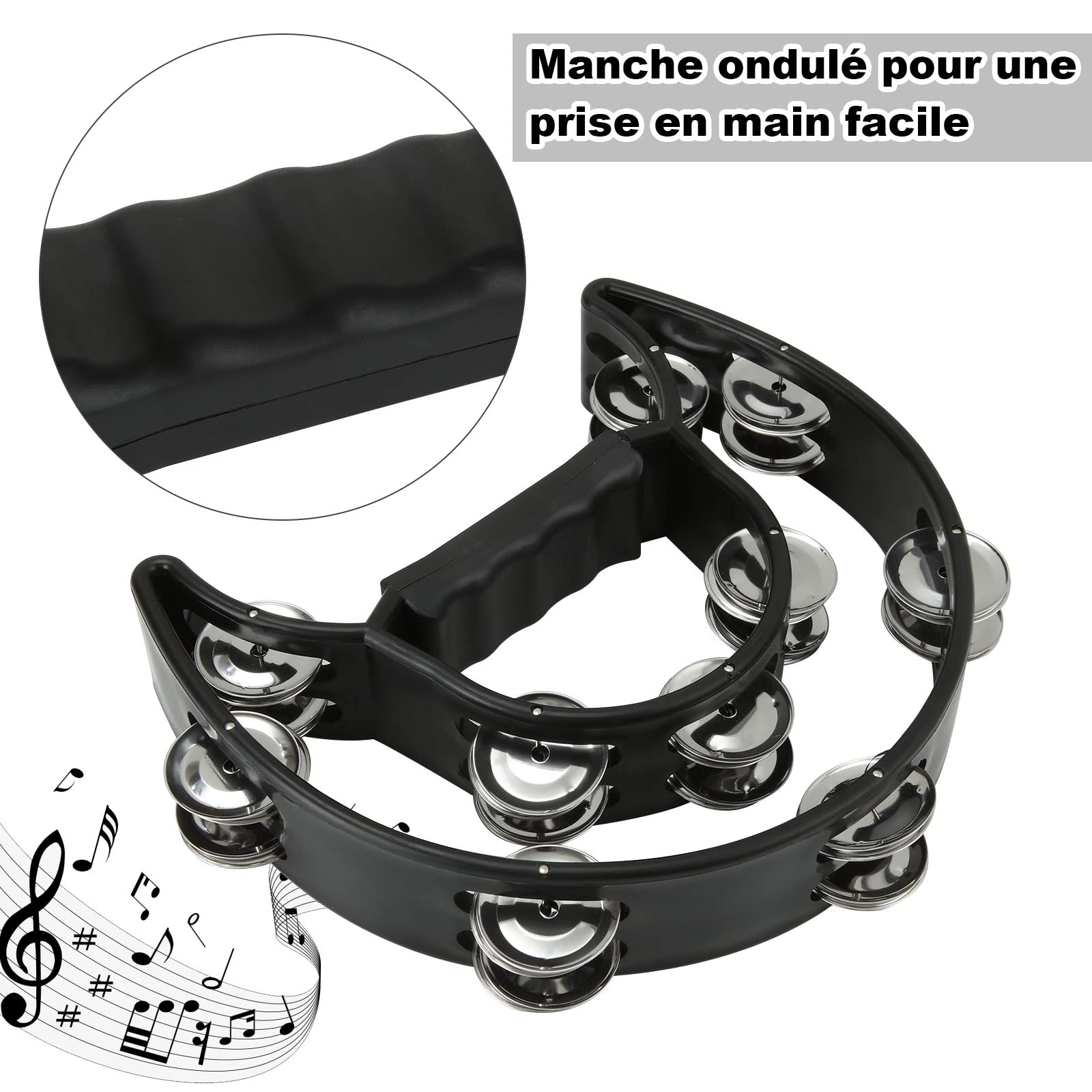 MIVIDE 4pcs Tambourin Demi-Lune, Tambourine Adulte Avec 40 grelots, Tambourin à Main pour Fête, Musiciens(Noir)