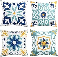 Pyonic Outdoor Waterproof Boho Floral Throw Pillow Covers Set of 4, 18x18 Inch Blue for Patio Garden Furniture