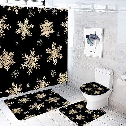 Juego de 4 cortinas de ducha de copos de nieve de Navidad, copos de nieve dorados, Navidad, Año Nuevo, color negro, 70 x 70 pulgadas, cortina de