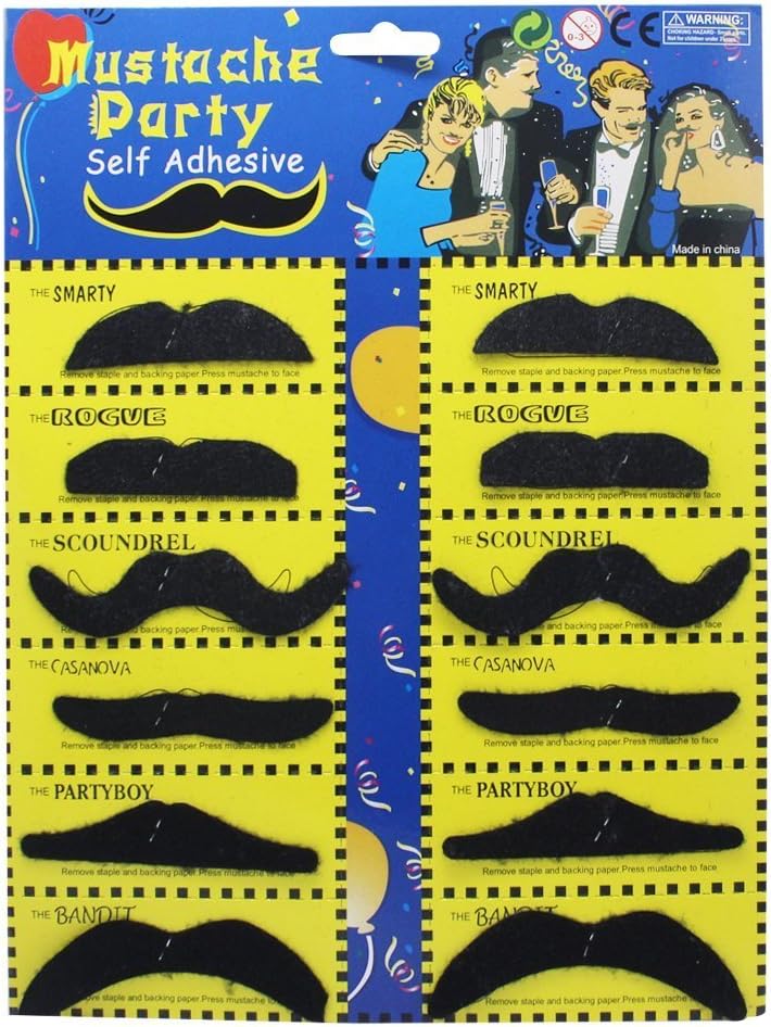 Homgaty 12 Self Adhesive Fake Moustaches / Mustache Set Fancy Dress