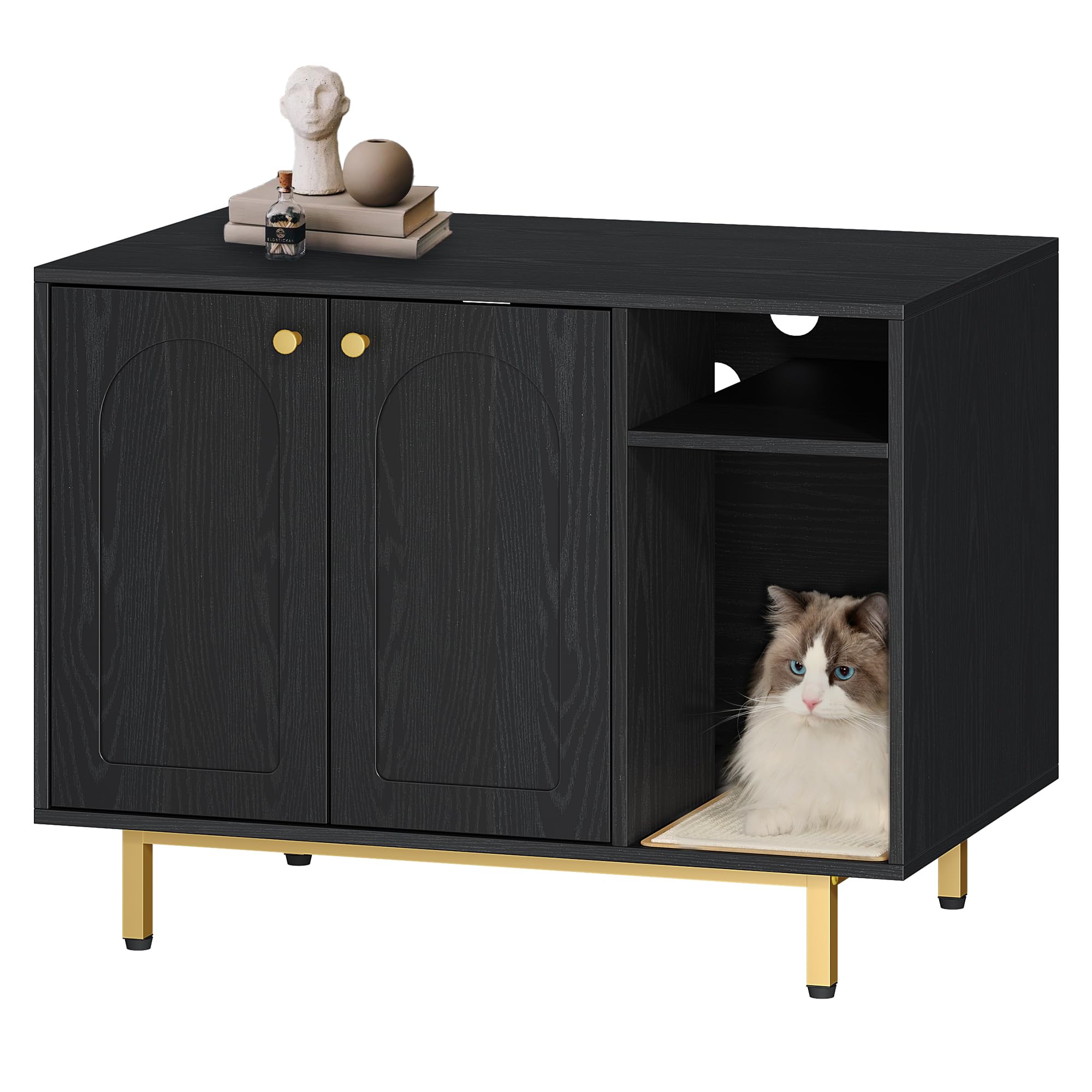 Cat Litter Box Enclosure Enclosed, Hidden Litter Box Cabinet Furniture with Storage, Wooden Indoor Cat House Large, Modern End Table for Living Room Entryway, Black and Gold CB01504GThe Forest Stewardship Council