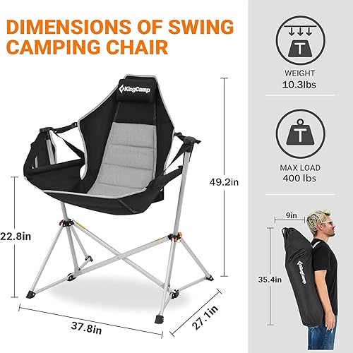 Miniatura 3 de KingCamp Silla Hamaca con Reposapiés, Sillas de Camping Plegables Portátiles Oscilantes para Adultos MÁXIMO 400 libras Resistente Plegable de Gran
