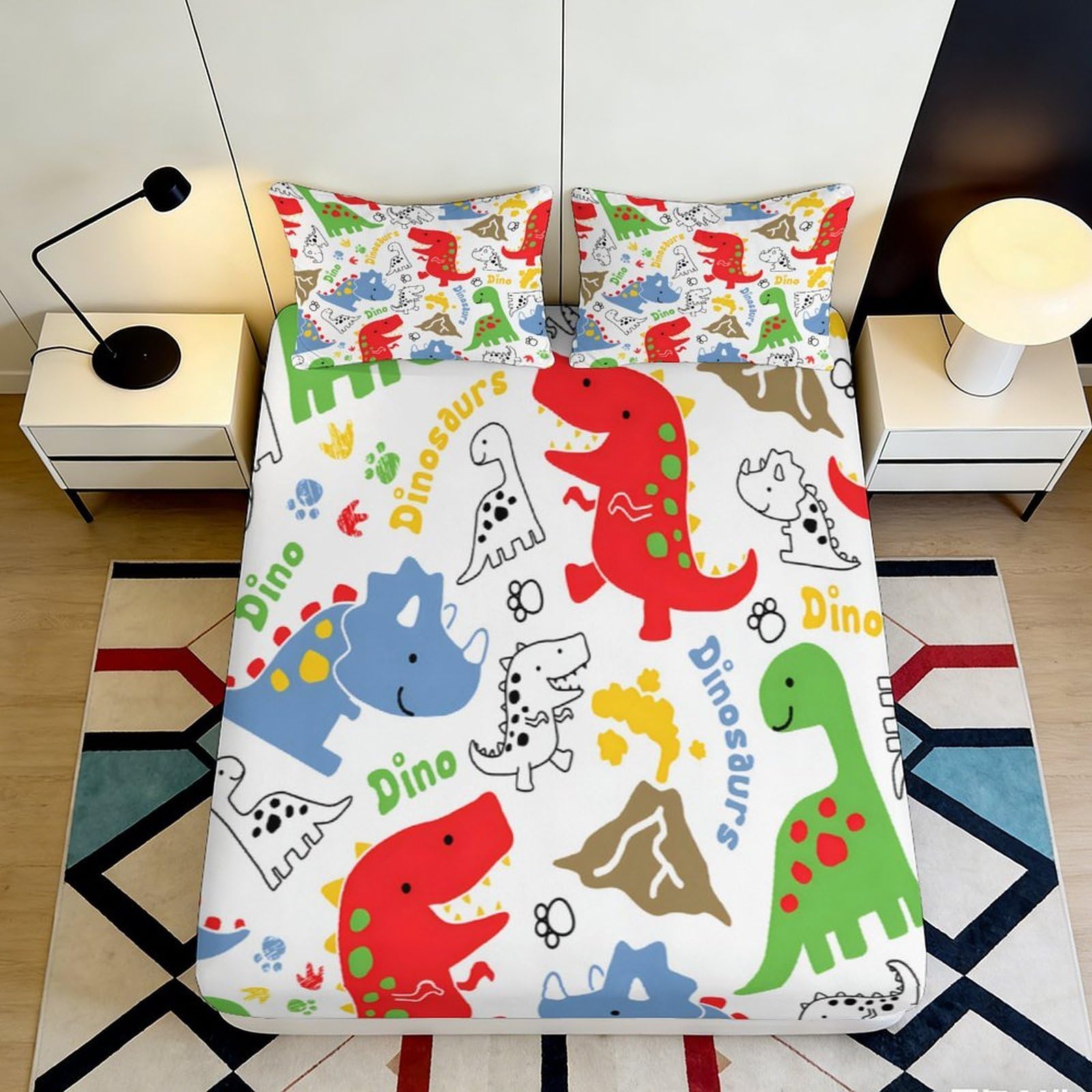 3D Printed Dinosaur Fitted Sheet Microfiber Soft Breathable Cartoon Bed Cover for Bedroom Dormitory Guest Room Mattress Protection Decor 120x200x25cm