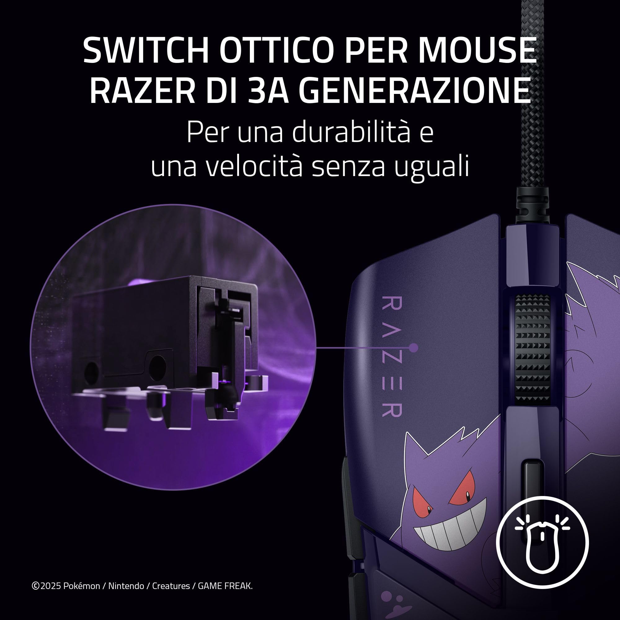Razer Cobra Gengar Edition - Mouse da gioco leggero con cavo - Sensore da 8500 DPI - 58 g - Interruttori ottici di terza generazione - Illuminazione Chroma - Cavo Speedflex - PC/MAC | Pokémon Gengar