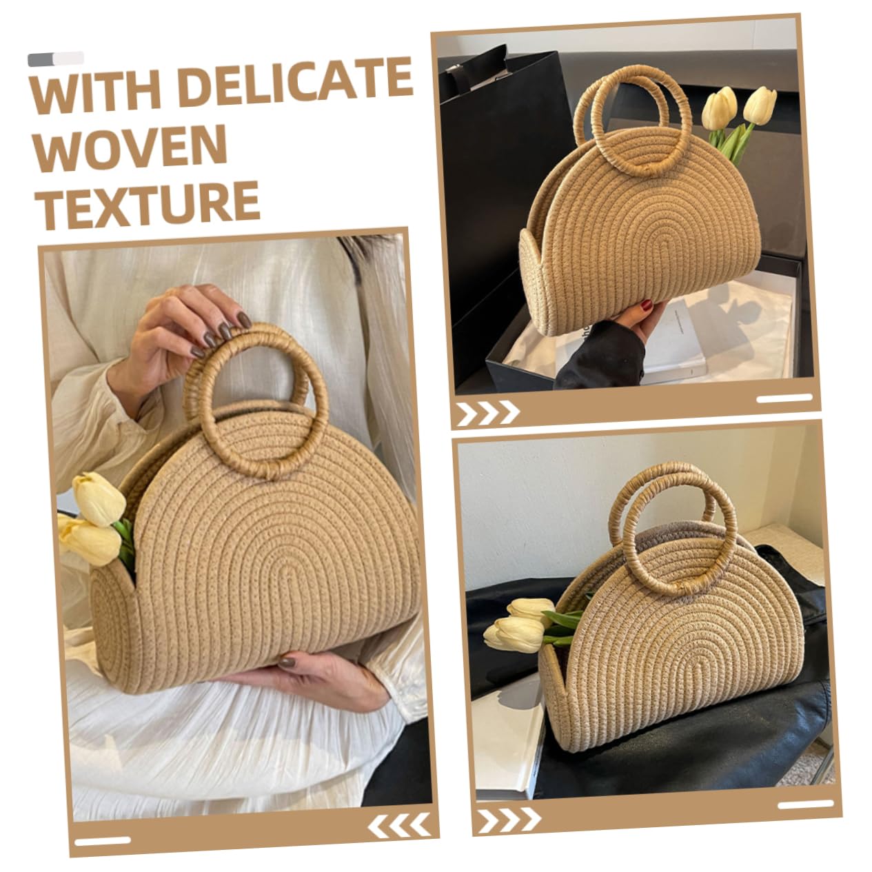 IMIKEYA Borsa Intrecciata in Corda di Cotone Khaki Portatile per l'Estate Grande Capacità e Design Rustico per Mare