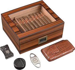 Black Ebony Humidor Cigar Box, Cigar Kit with Travel Cigar Case,Car-shaped Cigar Lighter,Cigar Cutter,Digital Hygrometer/Humidifier,Cigar Gift for Men/Women