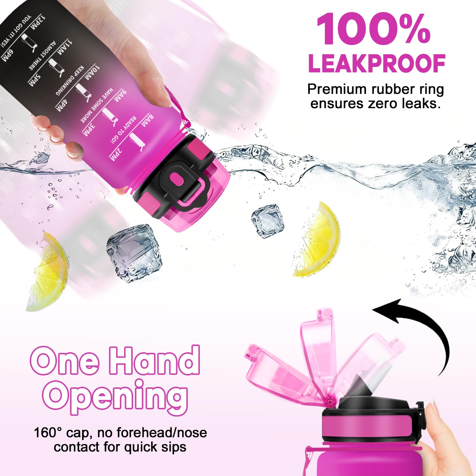 Wasserflasche 500ml, Trinkflasche mit Strohhalm, Auslaufsicher & Zeitmarkierung, Motivierende Sportflasche für Wandern, Fahrrad - 5