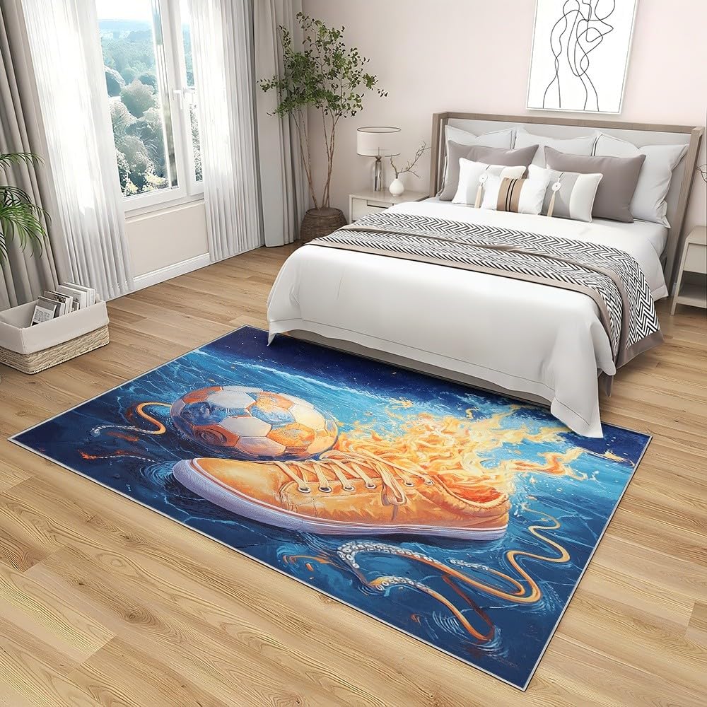 Dywanik antypoślizgowy do salonu, sypialni, 80 x 150 cm, zmywalny, odporny na plamy, niskie runo, chmura, buty do piłki nożnej, płomień, mały dywan, miękki, odporny na blaknięcie, niebieski, do domu