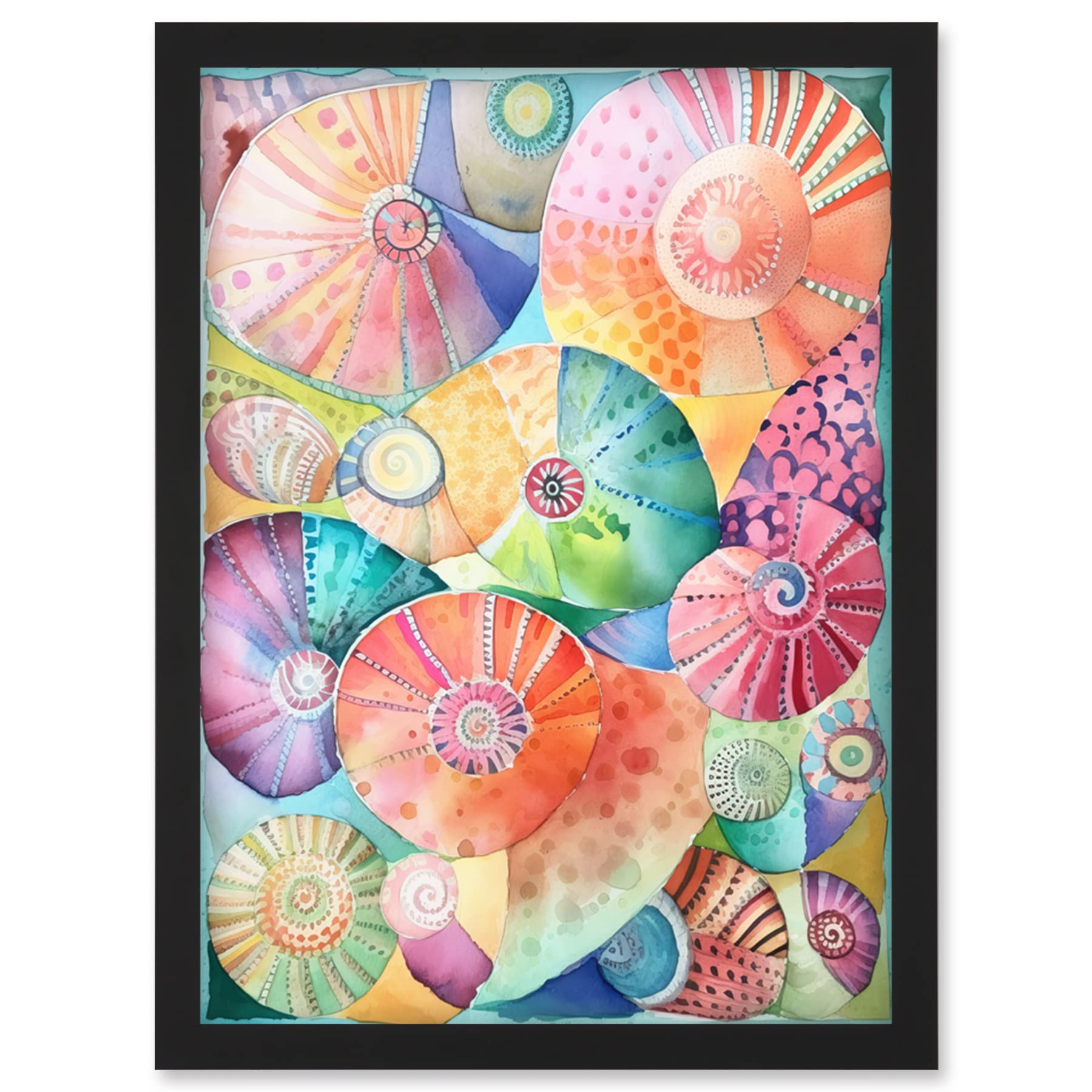 Artery8 Pastel Colour Seashells Folk Art Artwork Framed Wall Art Print A4