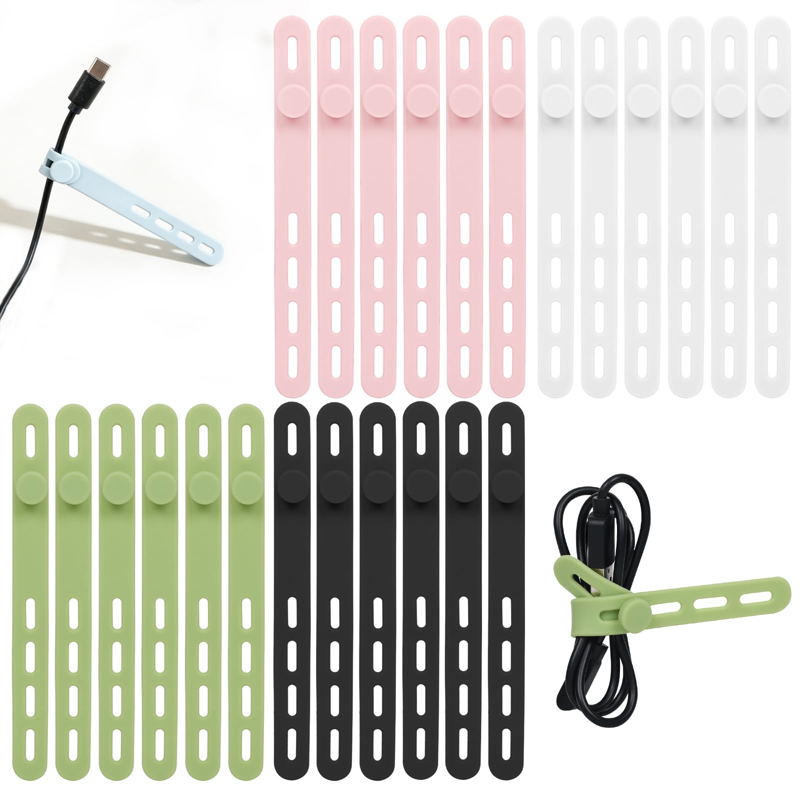 Donruby 24Pcs Silicone Cable Ties - Reusable Washable with Locking Buckles Adjustable Fastening Cable Management Straps Multi-Purpose High