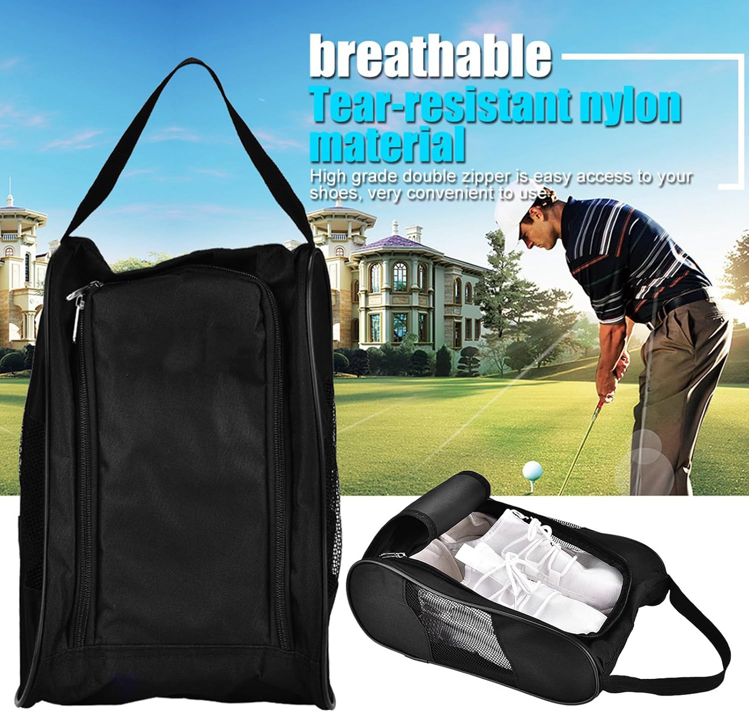 VGEBY Shoes Bag, Portable v Travel Shoe Bags Gym Sport Sack Organizer with Outside Ventilation Pocket for Socks, Tees(Black) Outdoor Clothing Golf Shoe Bags Golf Shoe Bags Golf Shoe Bags