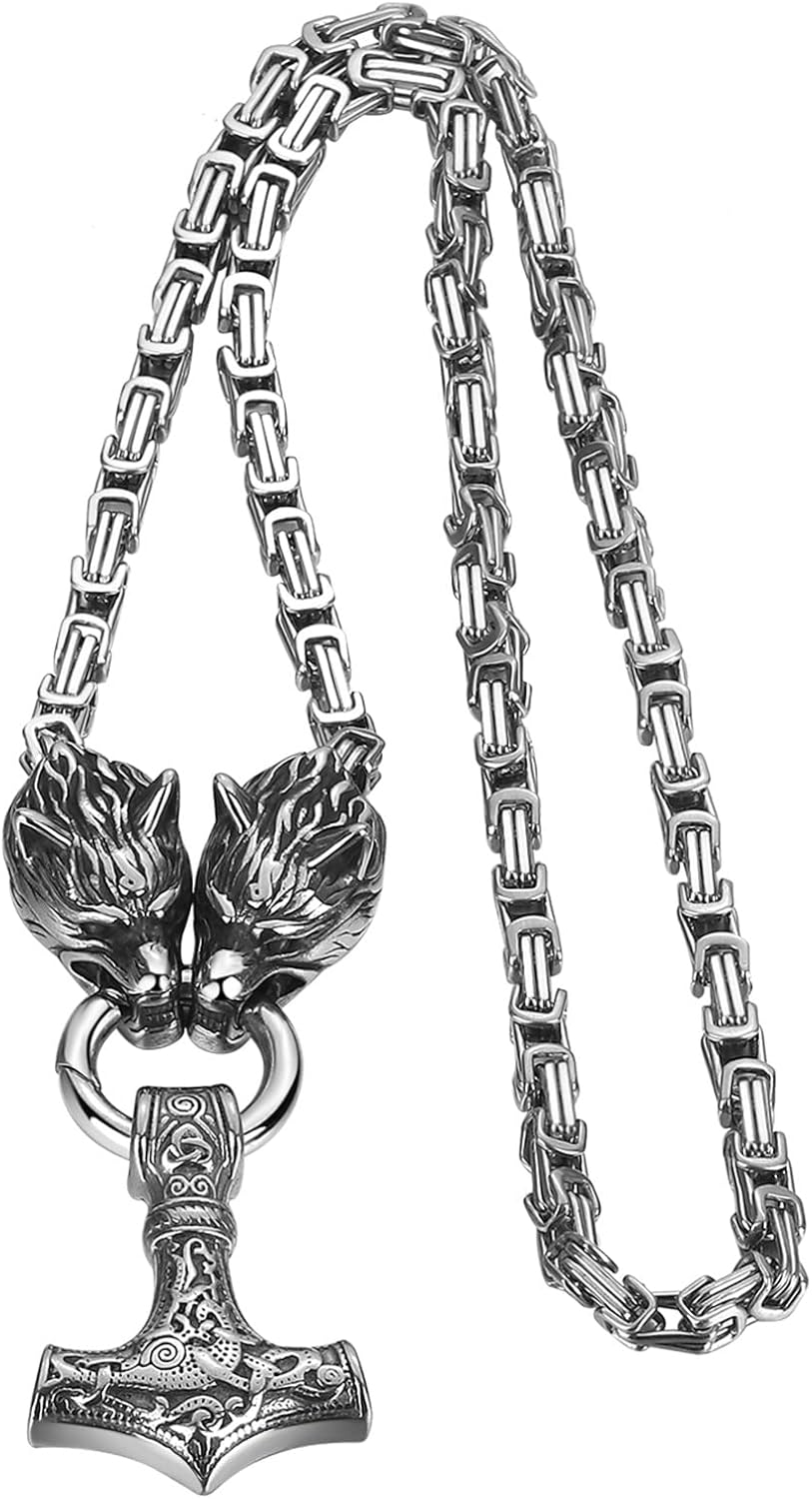 OIDEA Viking Mjolnir Necklace for Men with Wolf Head King Chain, Stainless Steel Viking Amulet Thors Hammer Necklace Pendant Norse Pagan Jewelry