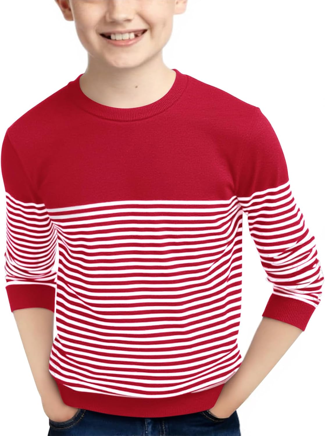 Haloumoning Boys Striped Sweaters Kids Crewneck Pullover Sweater 5-14 Years