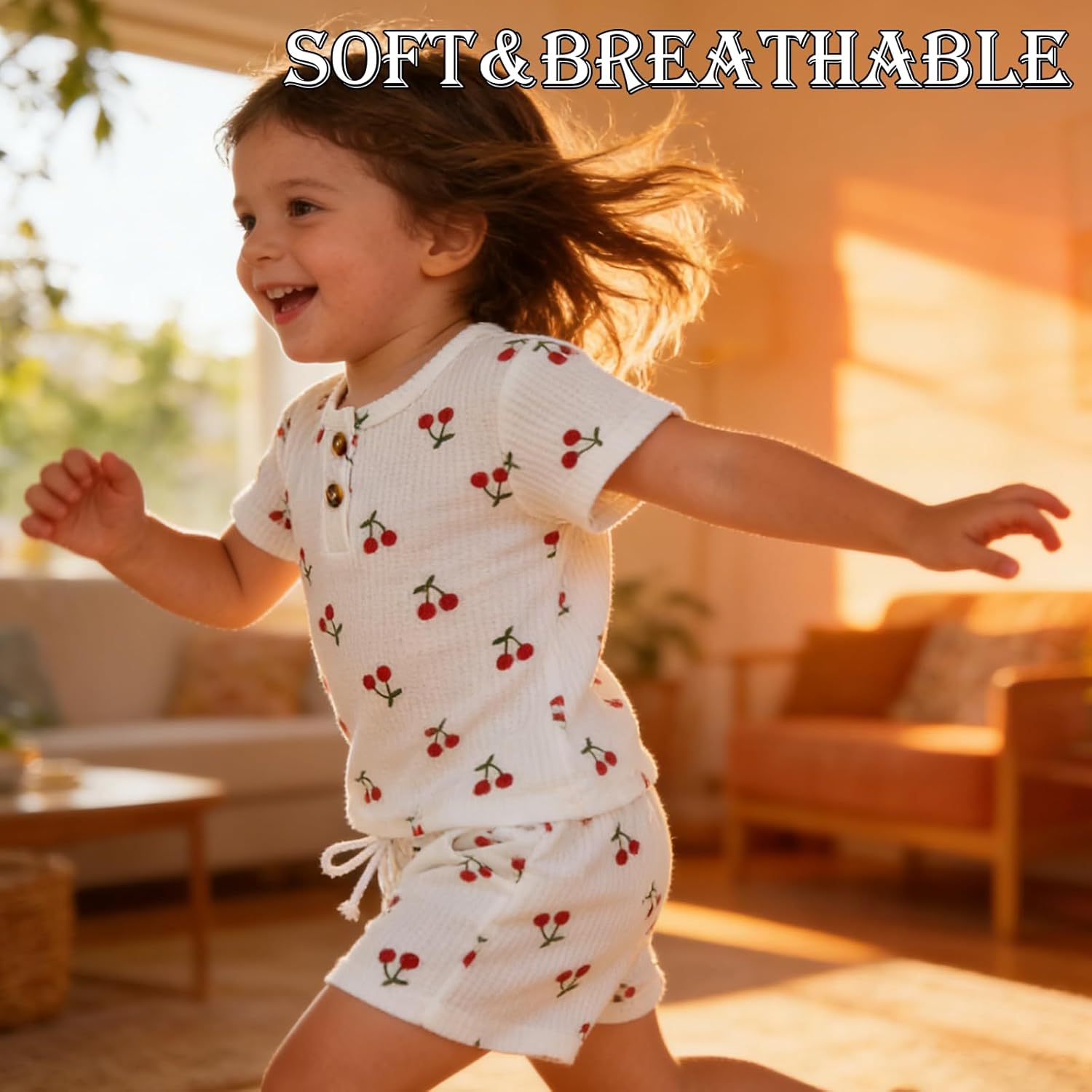 Baby Girl Summer Clothes Cherry Rib Knit Short Sleeve T-Shirt Shorts Set 2 Piece Toddler Outfits for Girls - Image 2