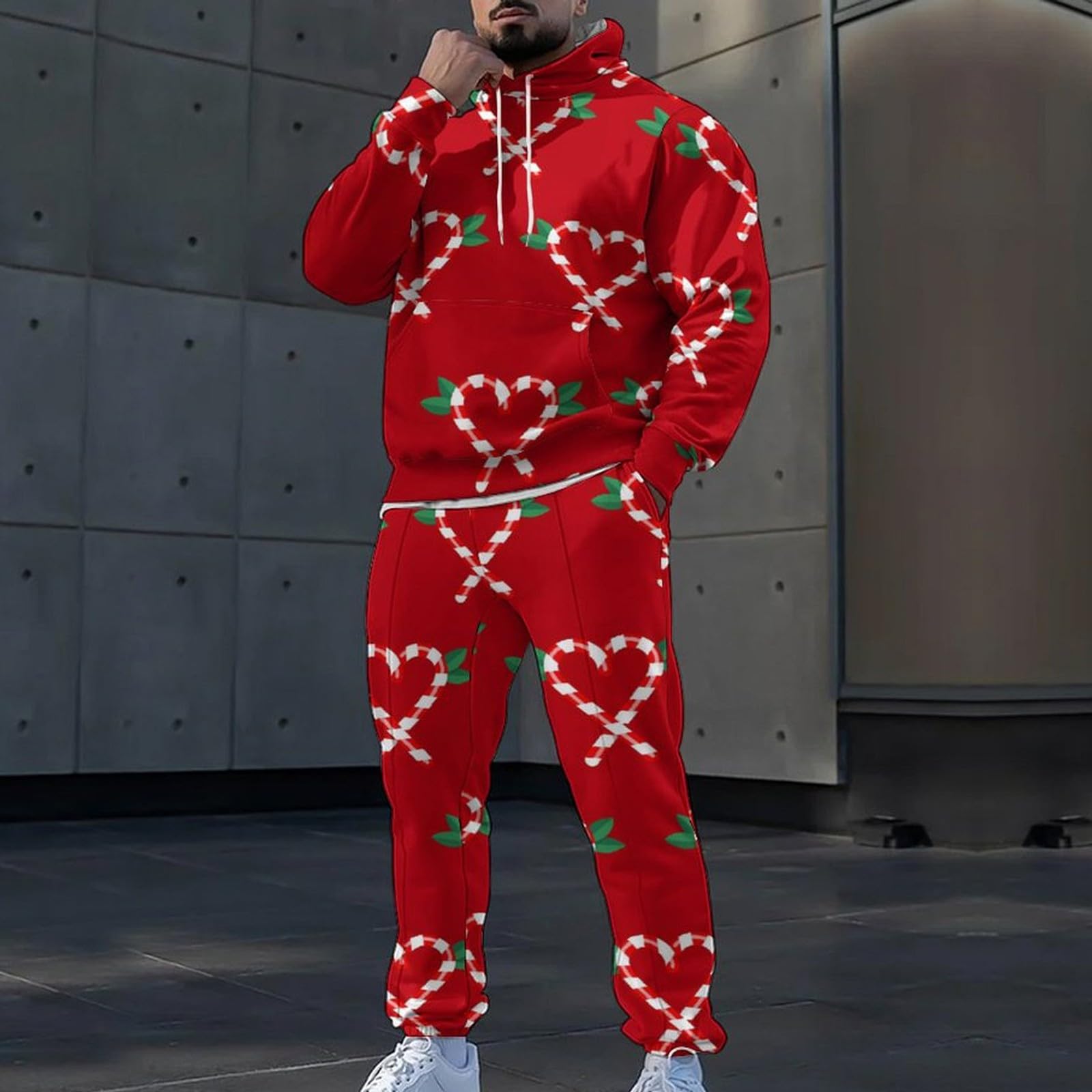 Conjunto de 2 piezas de Navidad para hombre, divertido chándal de Papá Noel de gran tamaño, sudadera de manga larga con capucha y pantalones deportivos, conjuntos de correr, para vacaciones, gimnasio