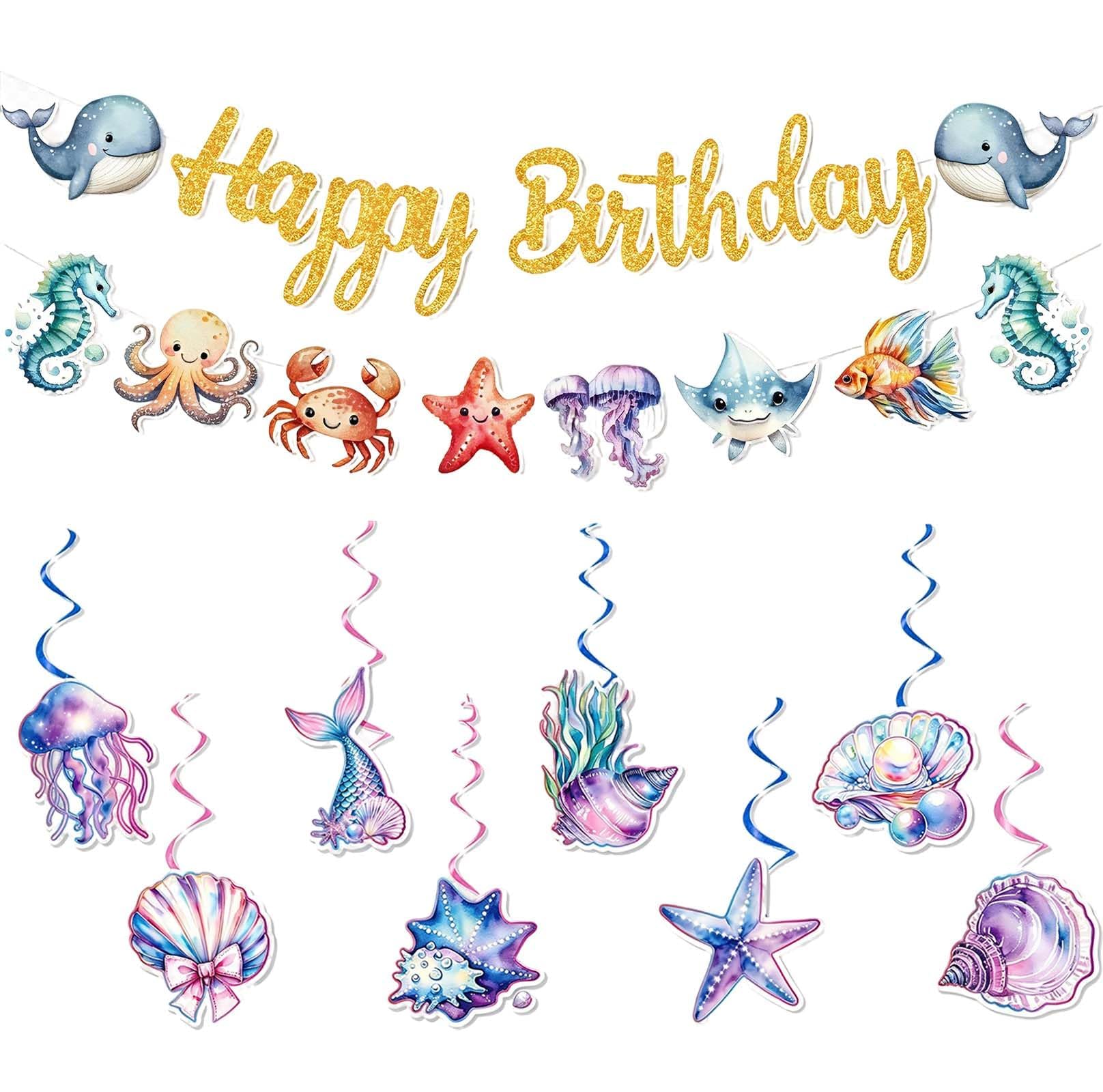 10Pcs Under the Sea Party Decorations Happy Birthday Banner Seaside Bunting