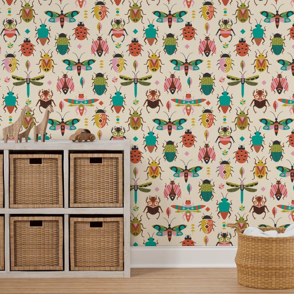 Peel & Stick Wallpaper 3ft x 2ft - Retro Bugs Butterfly Beetles Nature Colorful Insects Dragon Fly Custom Removable Wallpaper by Spoonflower