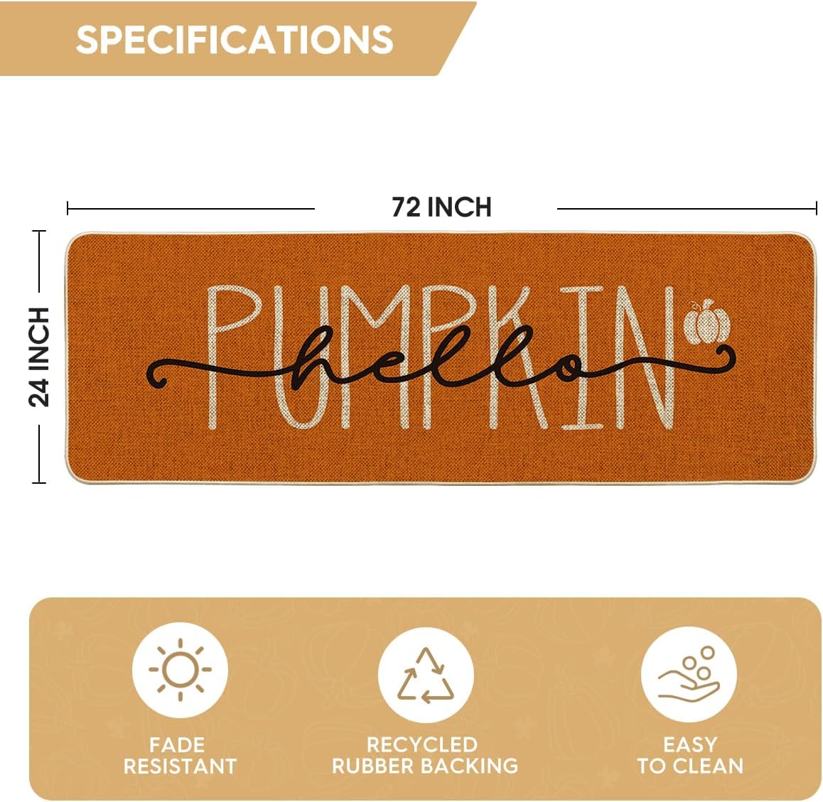 Artoid Mode Orange Hello Pumpkin Fall Doormat, Autumn Home Decor Low-Profile Runner Rug Door Mat Floor Mat for Indoor Outdoor 24x72 Inch