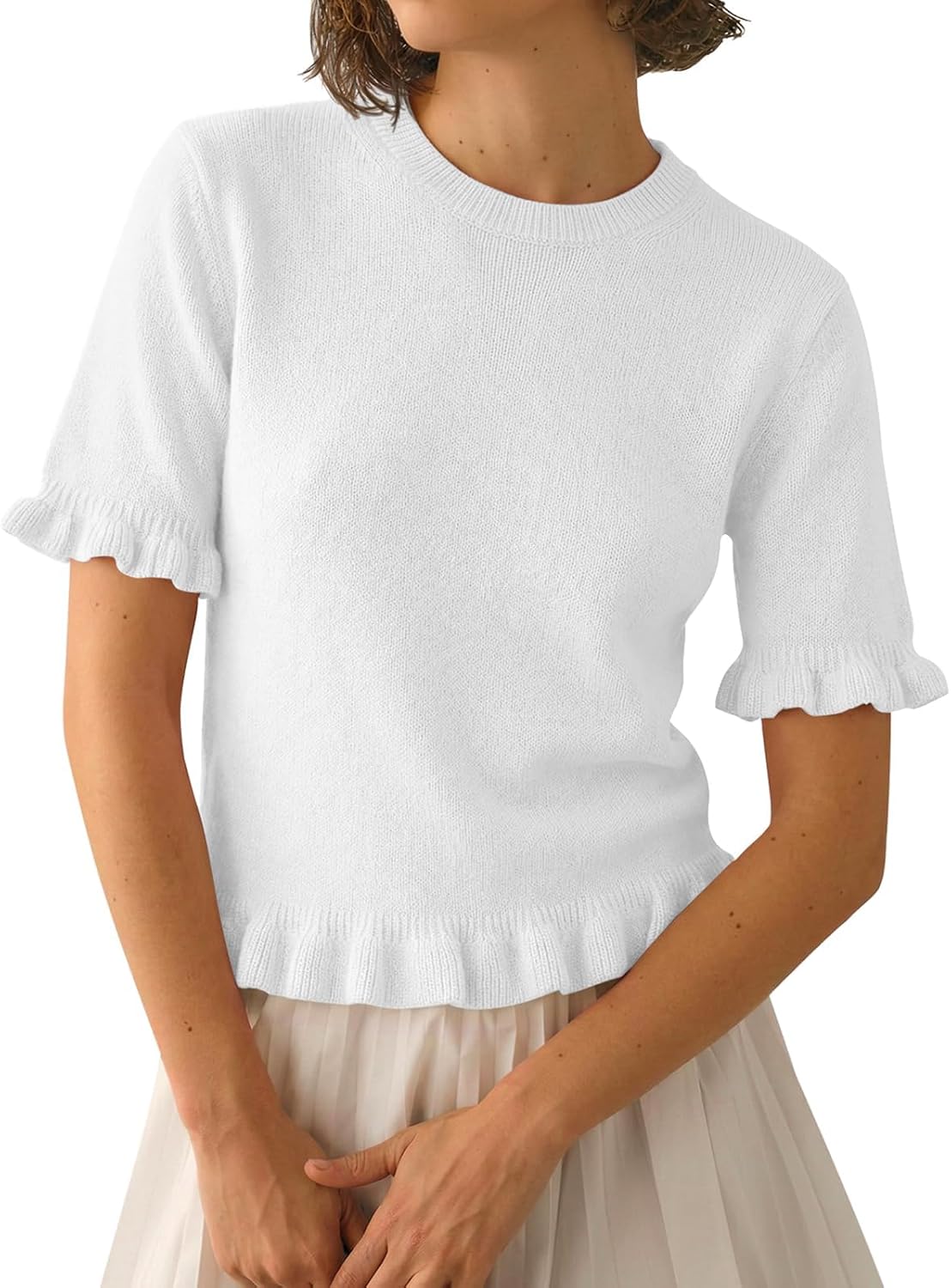 Tankaneo Womens Summer Short Sleeve Cropped Sweaters Spring Lightweight Knit Peplum Tops Dressy Casual Fashion Sweater