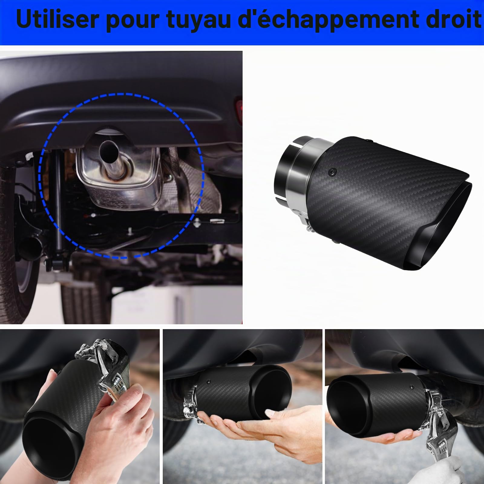 2.5'' Entrée Embout Échappement 3,5" Sortie Inox/Carbone Noir Mat | Fixation sans soudure/perçage|Réduit bruit échappement|Anti-rouille & durable|Intérieur poli miroir + bleu|Universelpour 63mm