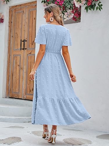 Miniatura 4 de Amegoya Vestido largo de otoño con lunares suizos para mujer, con cuello en V, cintura imperio, vestido de verano, bohemio, vestido de invitada de