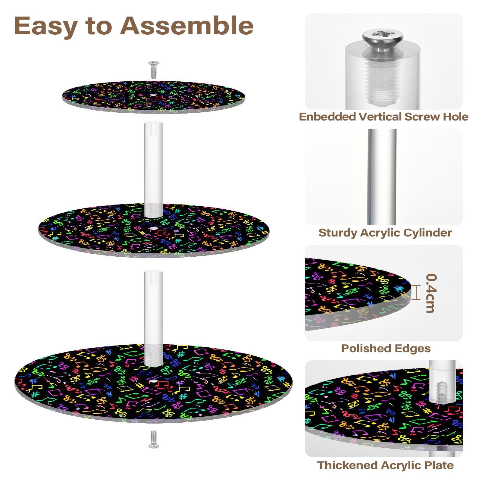 Nander 3 Tier Cupcake Stand,Colorful Musical Notes Large Cupcake Tower Display, Round Cupcake Holder, Acrylic Dessert Stand, Pastry Display Tree for Party, Wedding, Baby Shower