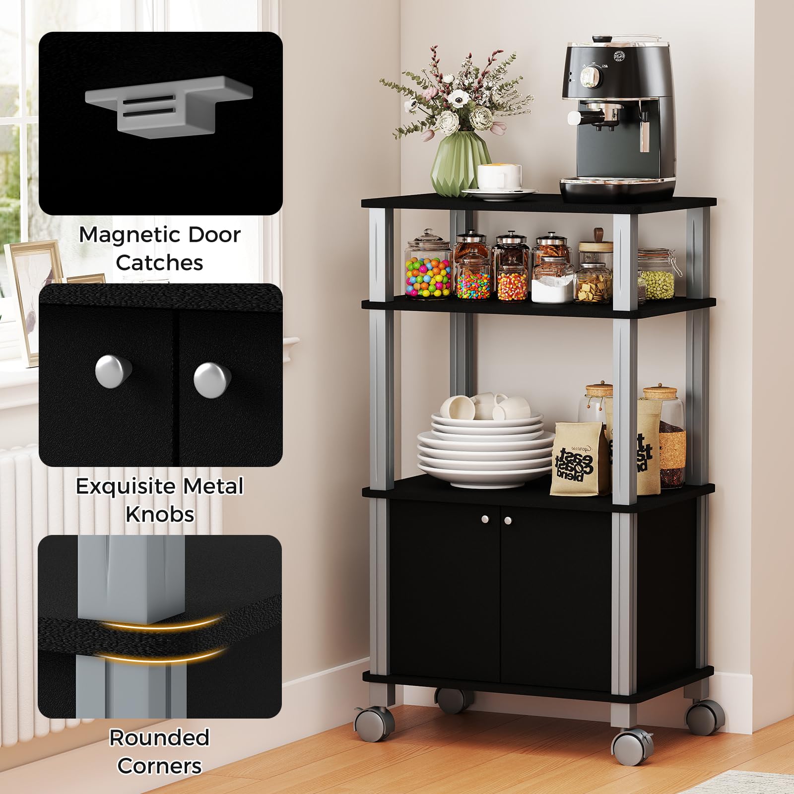 KOMFOTTEU Carrello da Cucina a 3 Livelli per Microonde, Carrello Portaoggetti con Ruote e Armadio con Porta, Carrello di Servizio in Legno, Organizer per Sala da Pranzo, 60 x 40 x 98 cm (Nero)