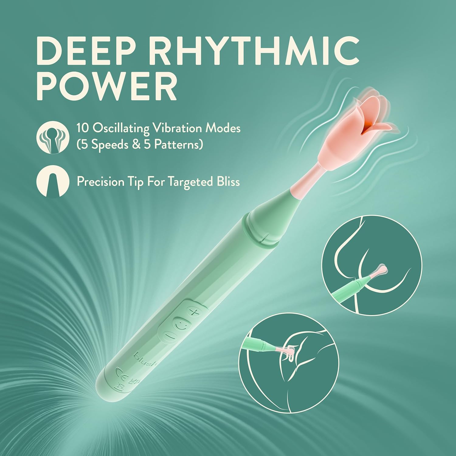 Blush Collection 7.8" Oscillating Wand Vibrator - Women Couples Precision Tip Clit & Nipple Rhythmic Stimulator - 3 Unique Attachments w/ 10 Modes, IPX7 - Pleasure Massage Adult Sex Toy (Green)